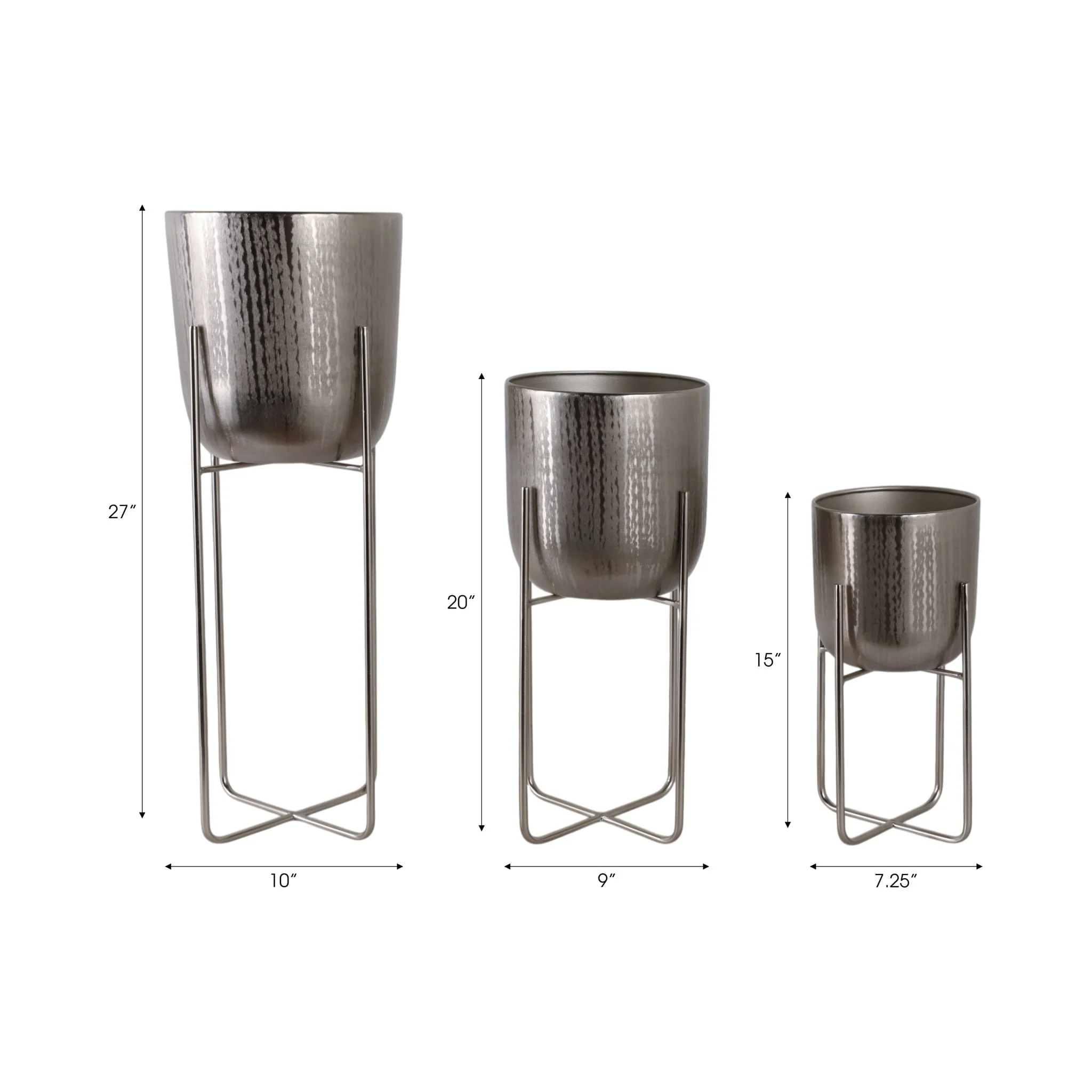 S/3 15/20/27" Etched Metal Planter On Stand, Silve - Image 9