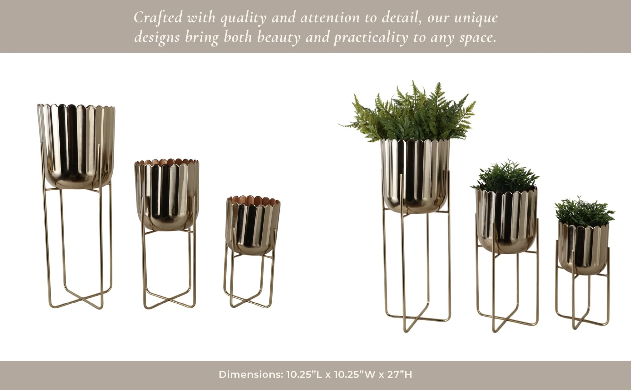 S/3 15/20/27" Scallop Metal Planter On Stand, Gold - Image 12