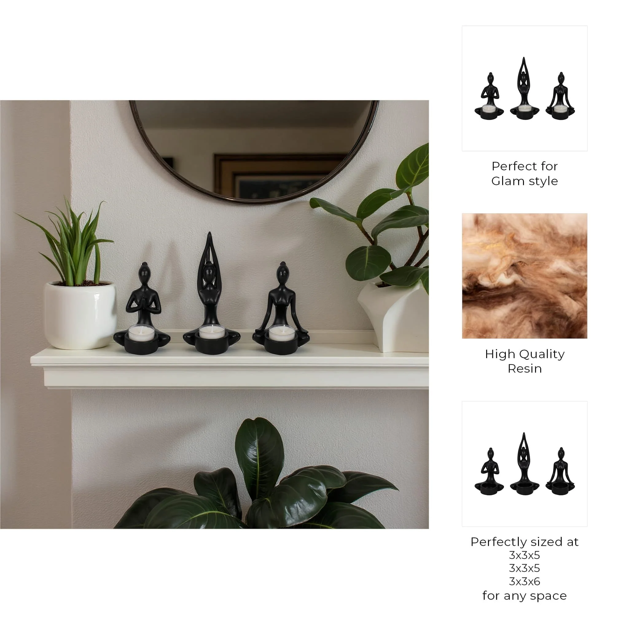 S/3, 7"h Resin Yoga Women Tealight Holder, Bk - Image 10