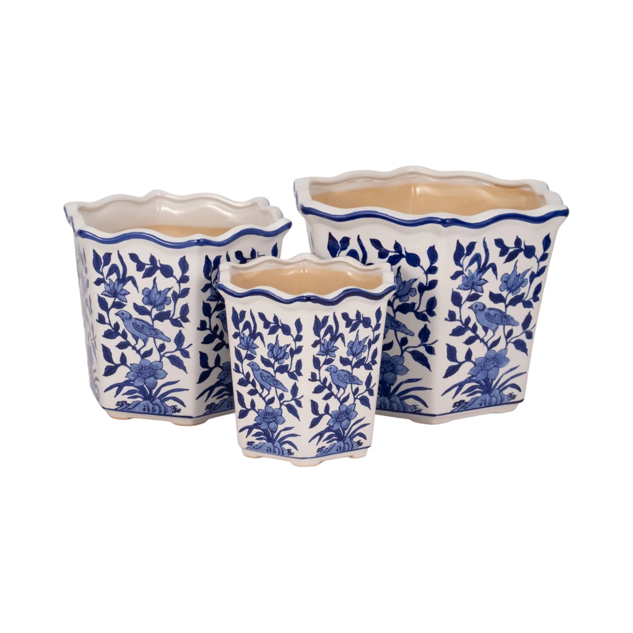 S/3 8/10/12" Chinoiserie Bird Planters, Blue/white - Image 3