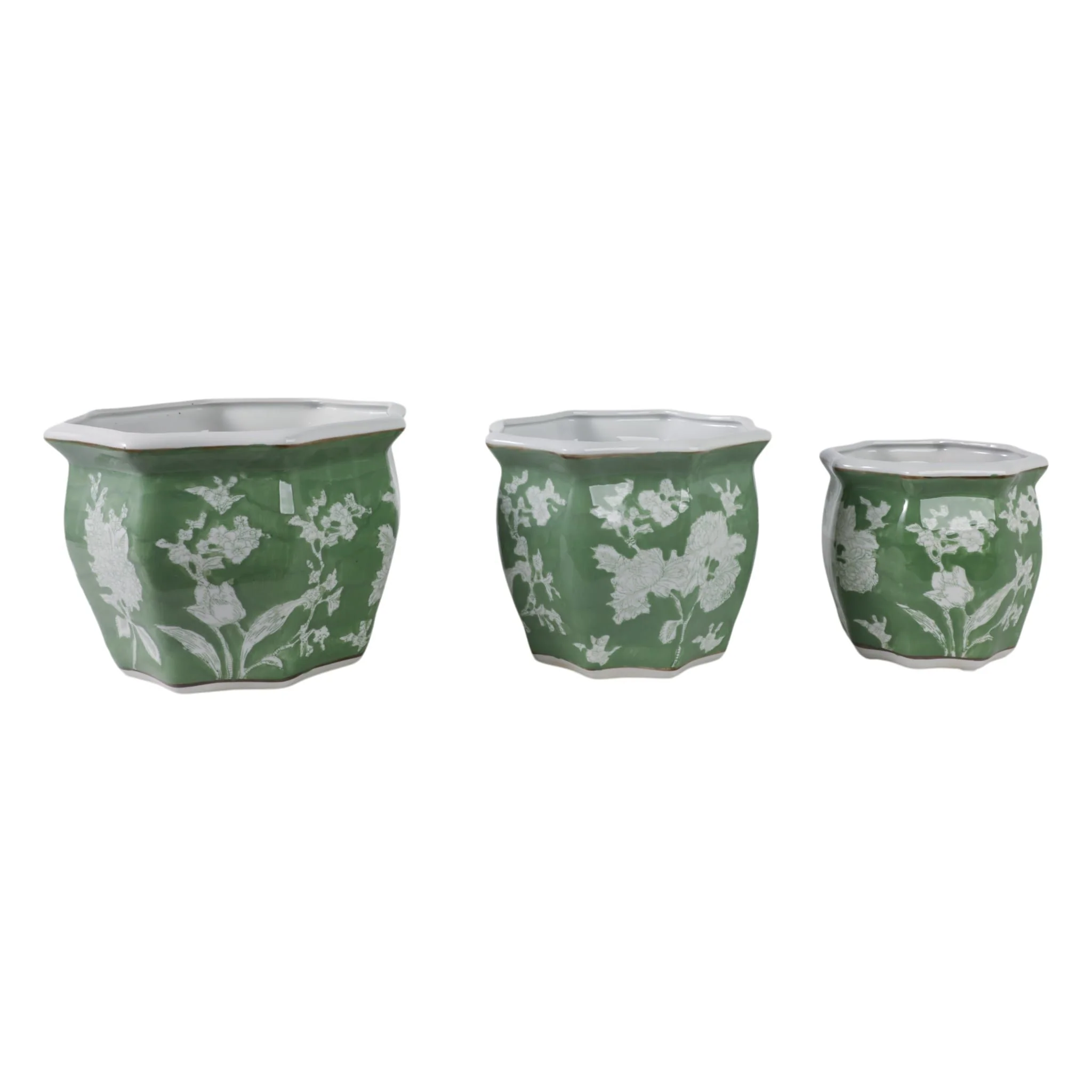 S/3 8/10/12"green/wht Floral Planters - Image 2