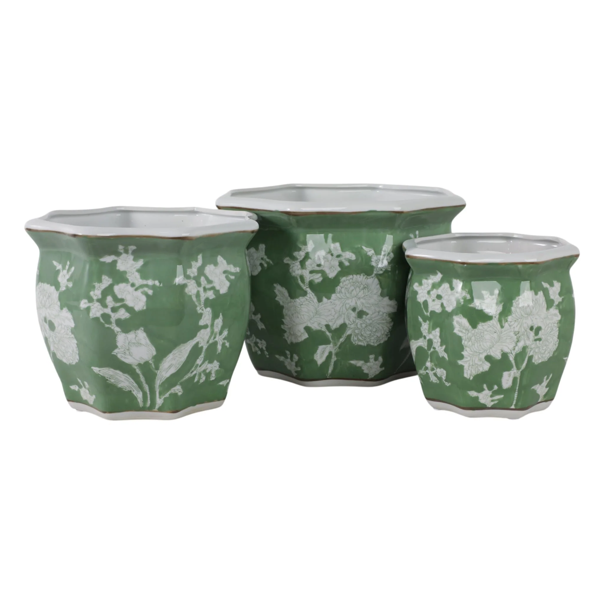 S/3 8/10/12"green/wht Floral Planters - Image 5