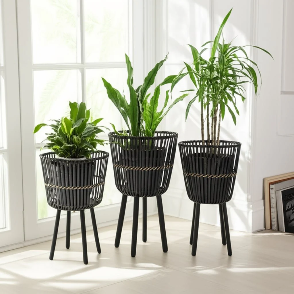 S/3 Bamboo Footed Planters 11/13/15", Black - Image 8