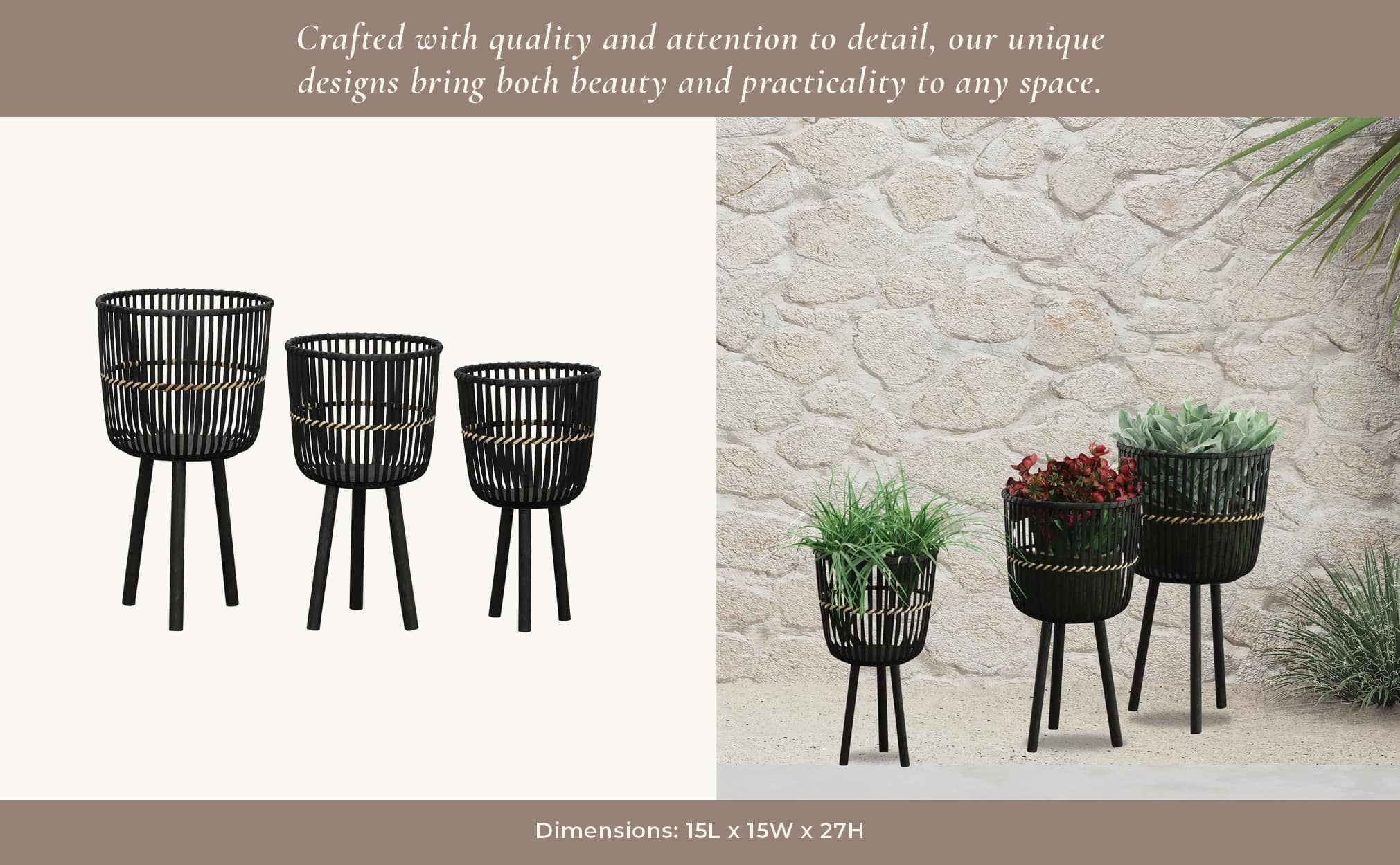 S/3 Bamboo Footed Planters 11/13/15", Black - Image 9