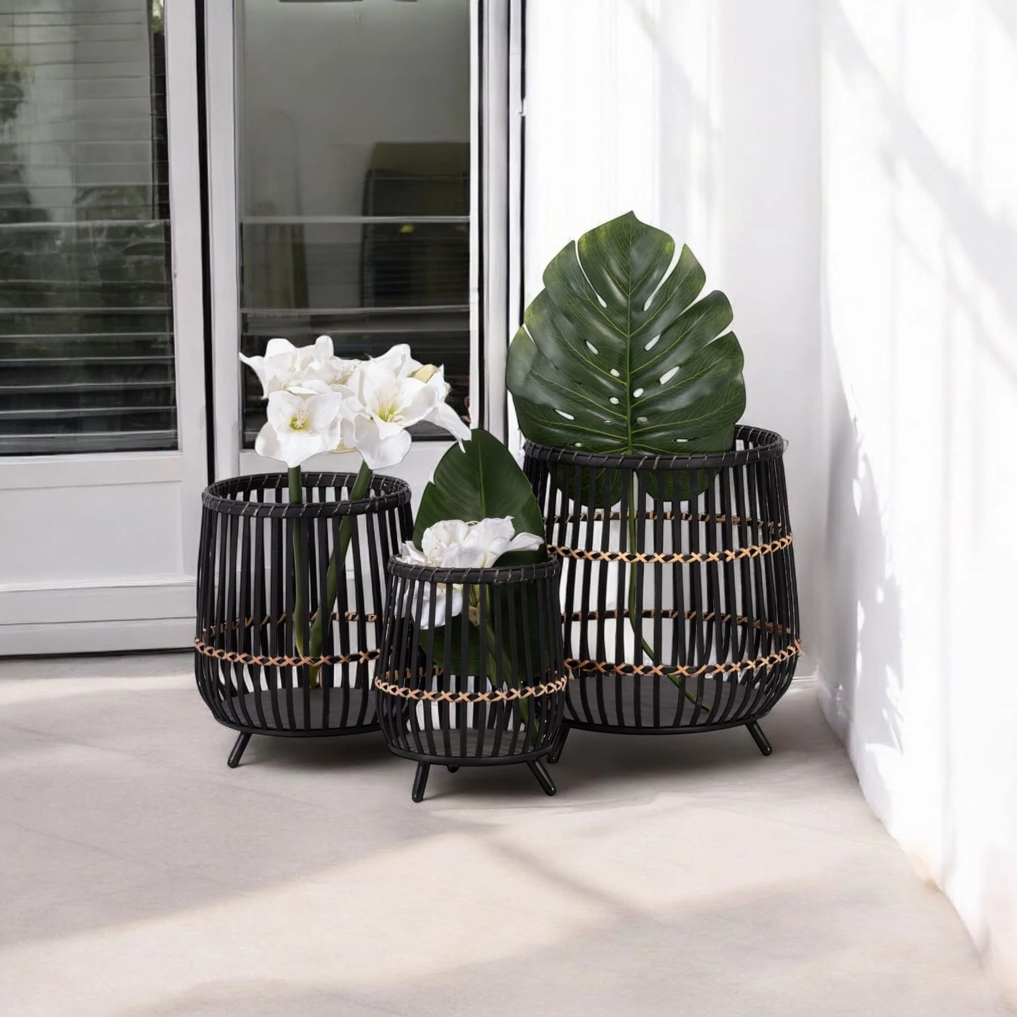 S/3 Bamboo Footed Planters 17/14/10", Black - Image 8