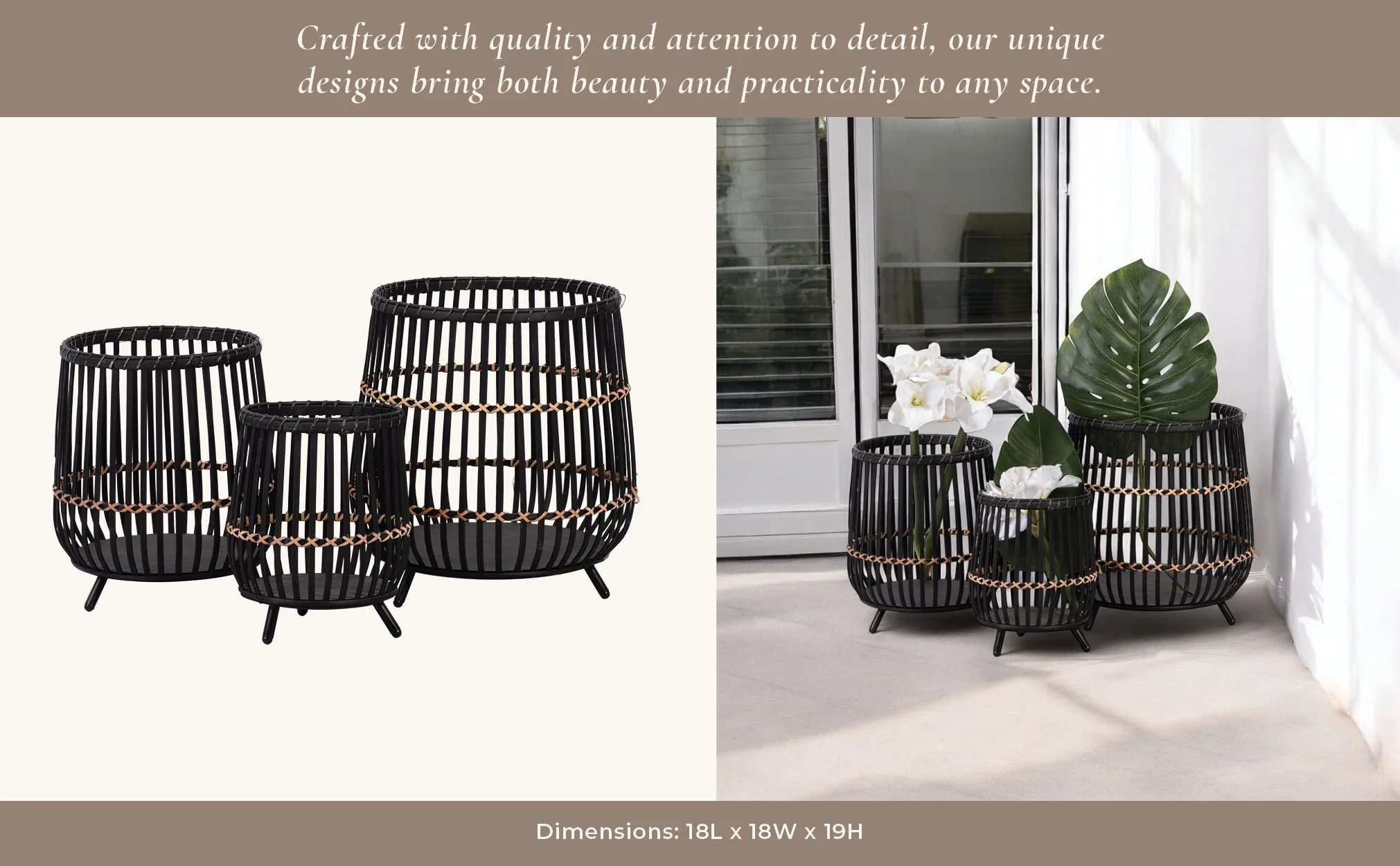S/3 Bamboo Footed Planters 17/14/10", Black - Image 9