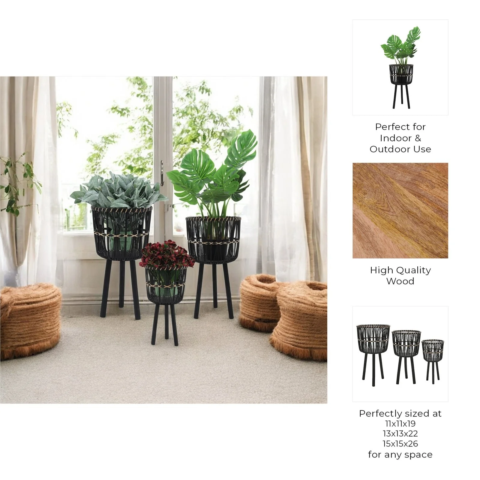 S/3 Bamboo Planters 11/13/15", Black - Image 7