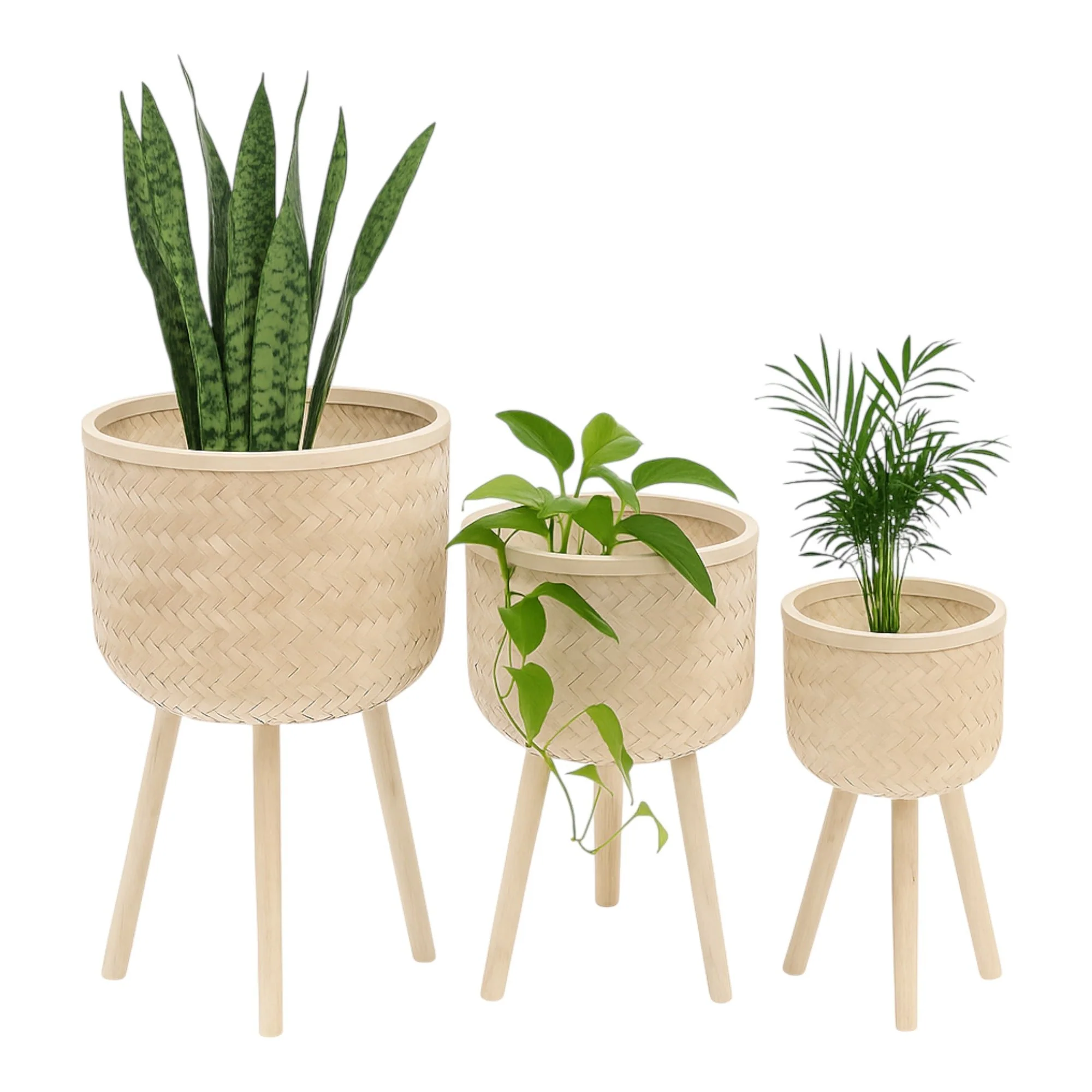 S/3 Bamboo Planters White Wash - Image 2