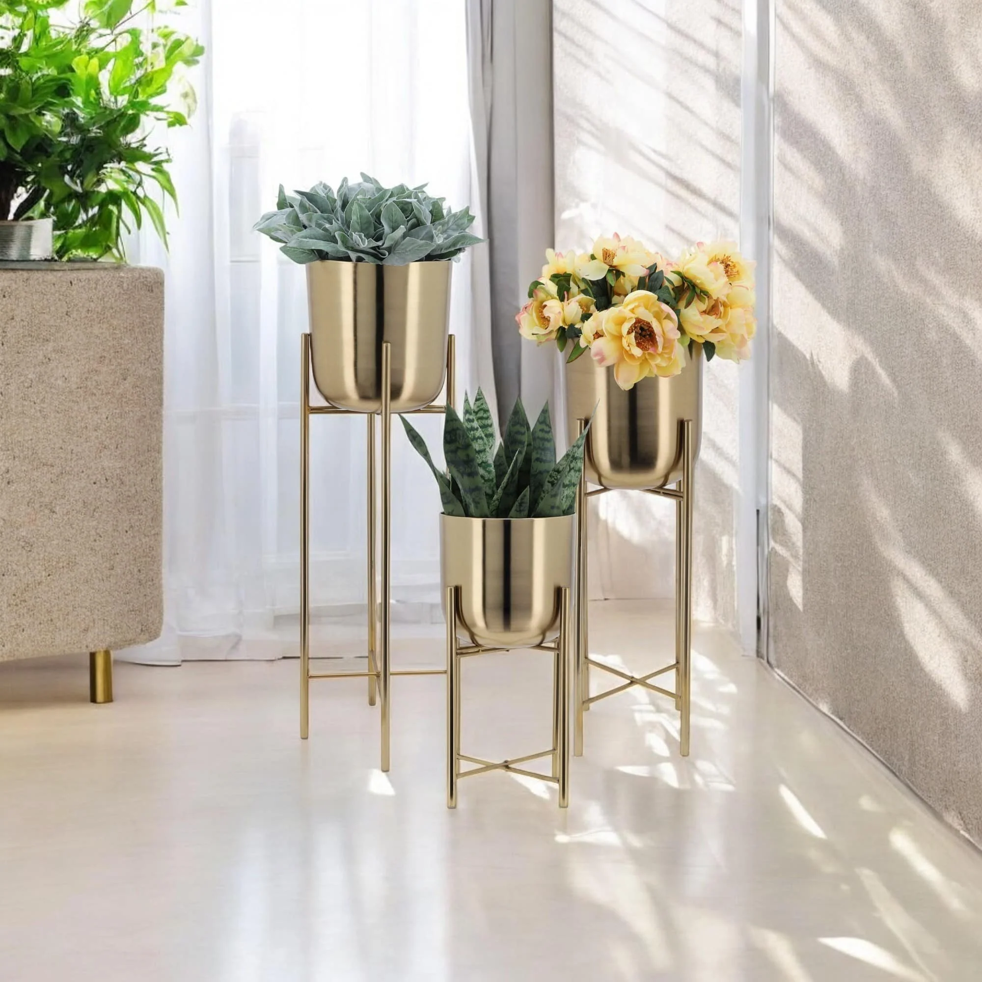 S/3 Metal Planters On Stand 40/30/20"h, Gold - Image 13