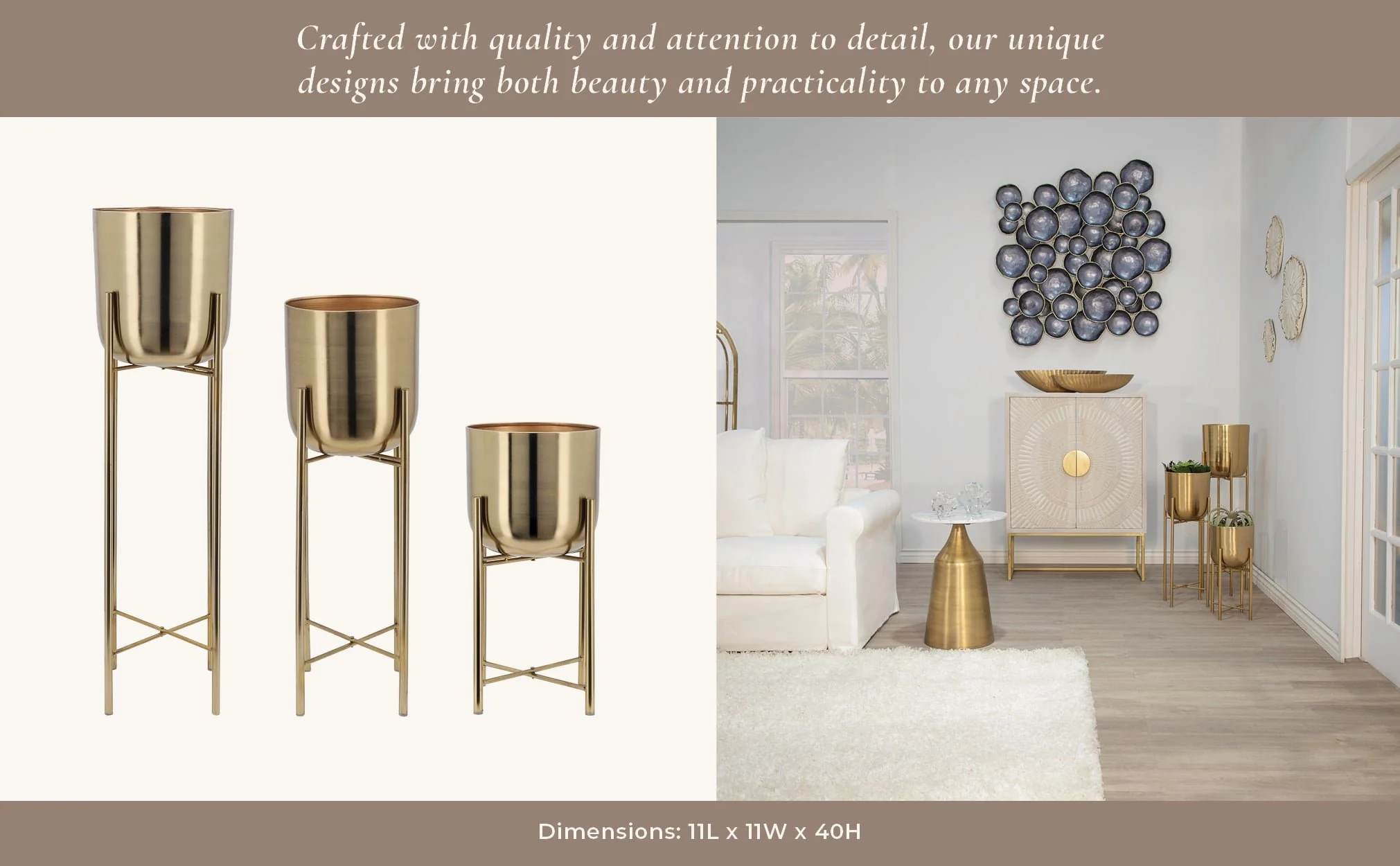 S/3 Metal Planters On Stand 40/30/20"h, Gold - Image 14