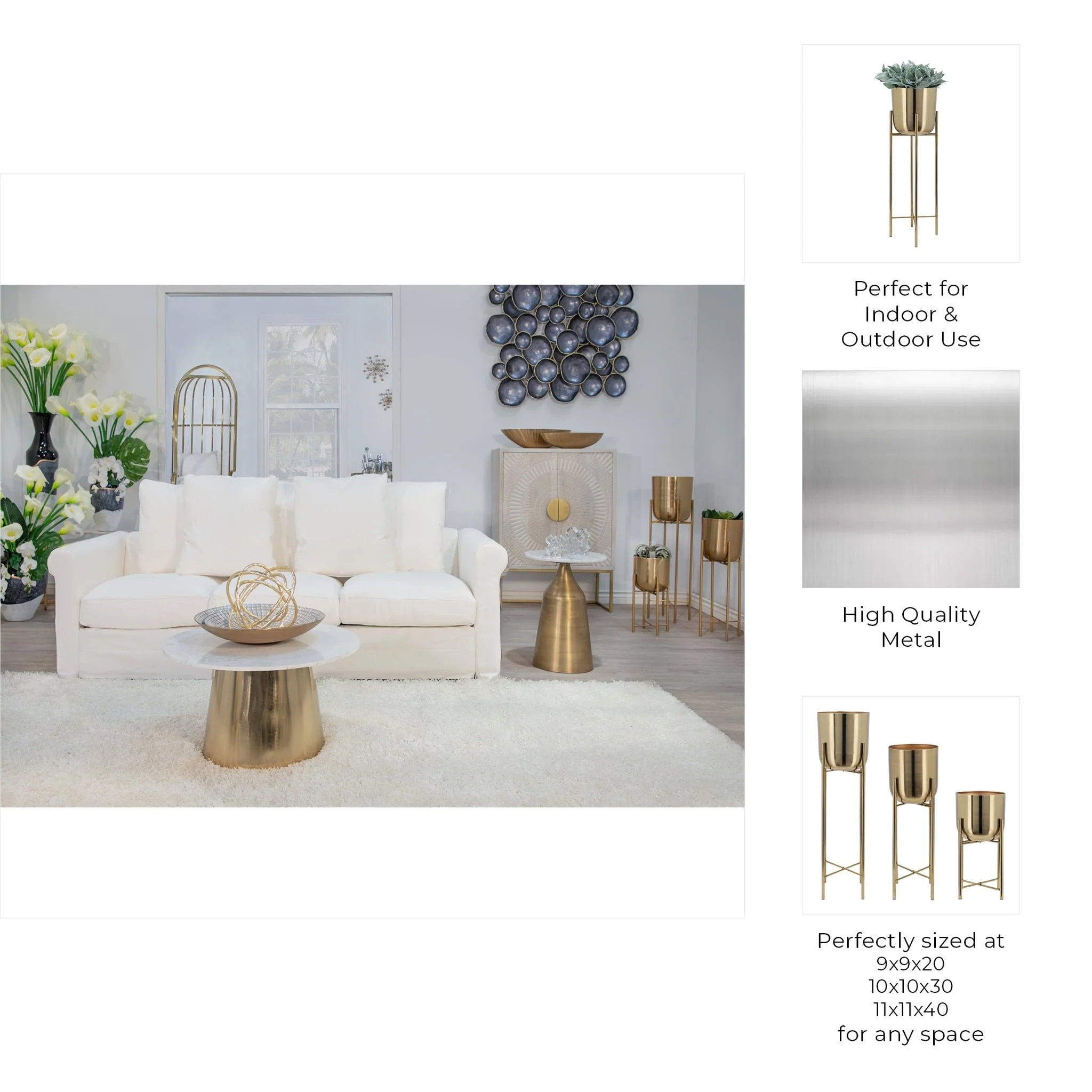 S/3 Metal Planters On Stand 40/30/20"h, Gold - Image 9