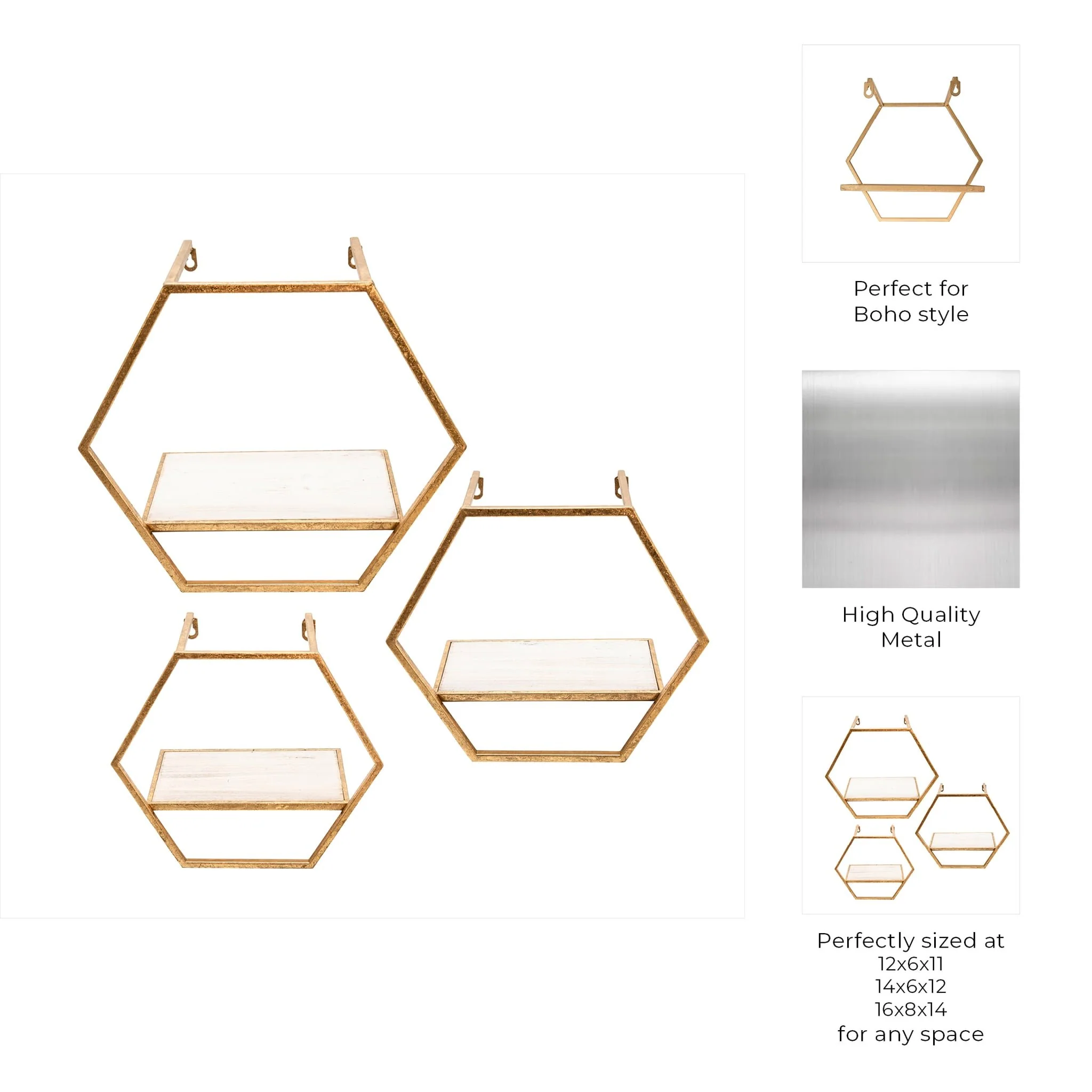 S/3 Metal/wood Hexagon Wall Shelves, Gold - Image 7