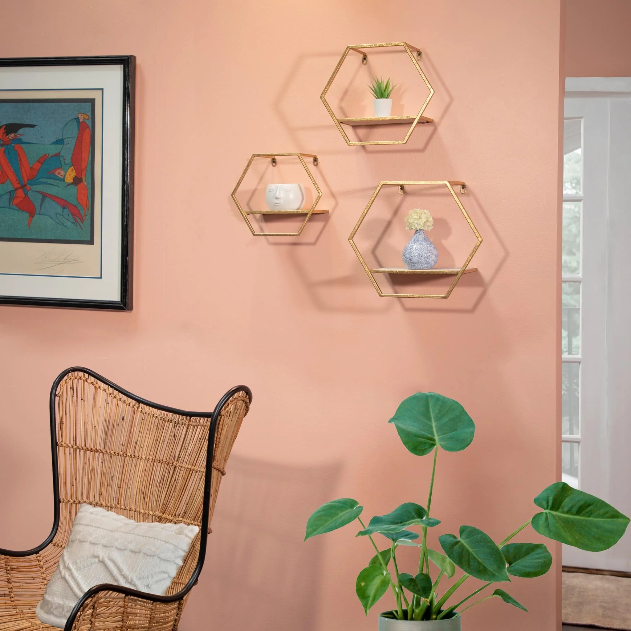 S/3 Metal/wood Hexagon Wall Shelves, Gold - Image 8