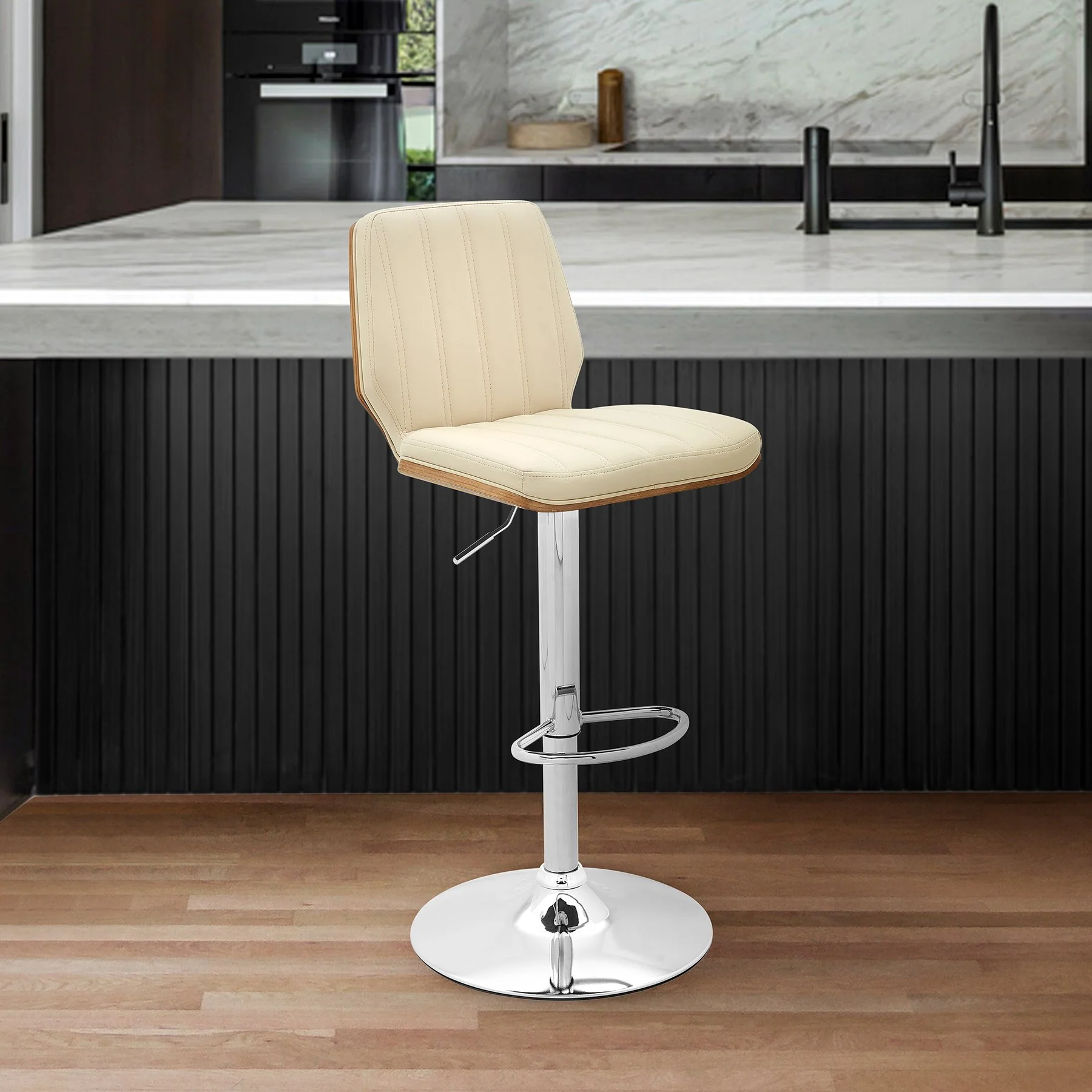 Sabine Adjustable Swivel Cream Faux Leather with Walnut Back and Chrome Bar Stool - Image 9