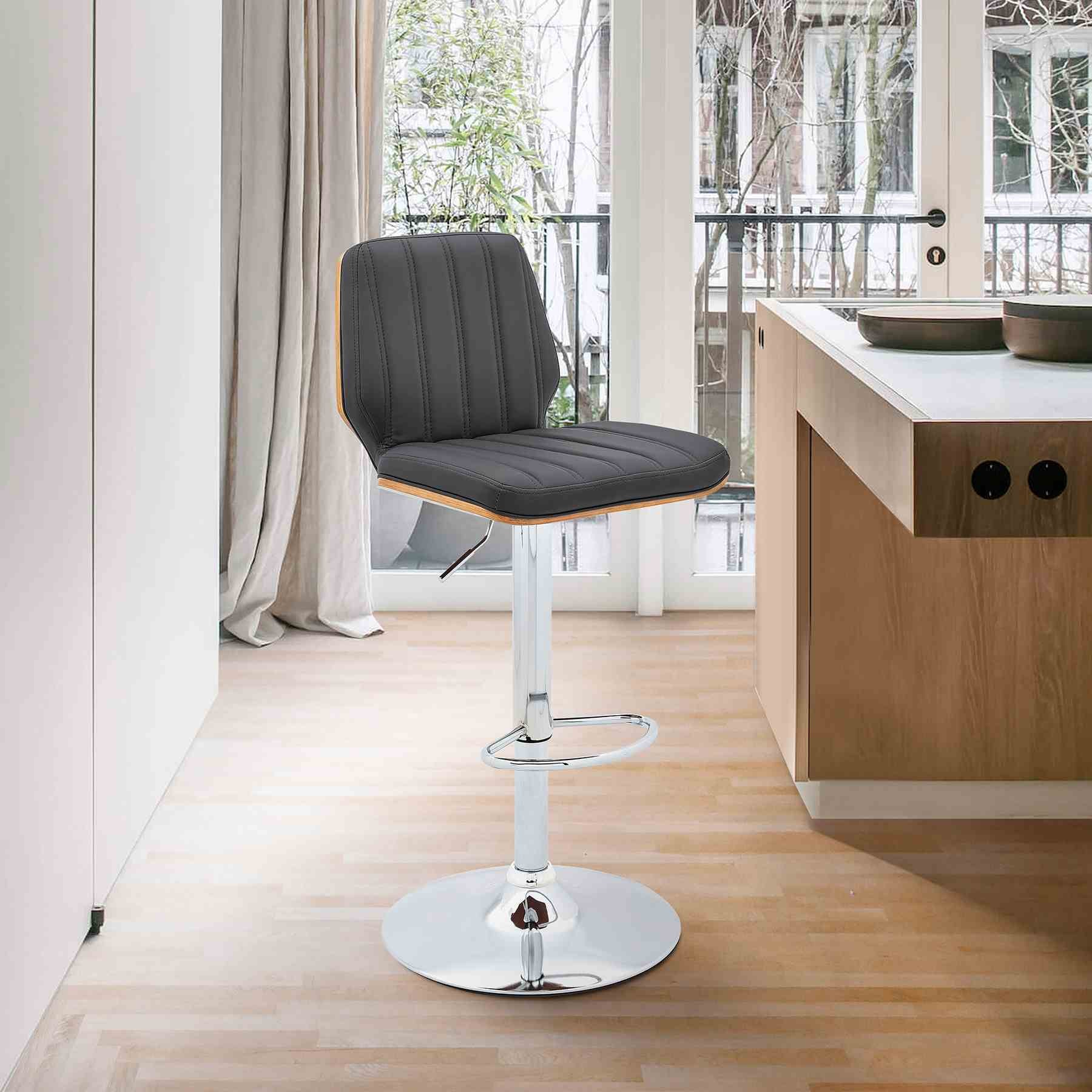 Sabine Adjustable Swivel Gray Faux Leather with Walnut Back and Chrome Bar Stool - Image 9
