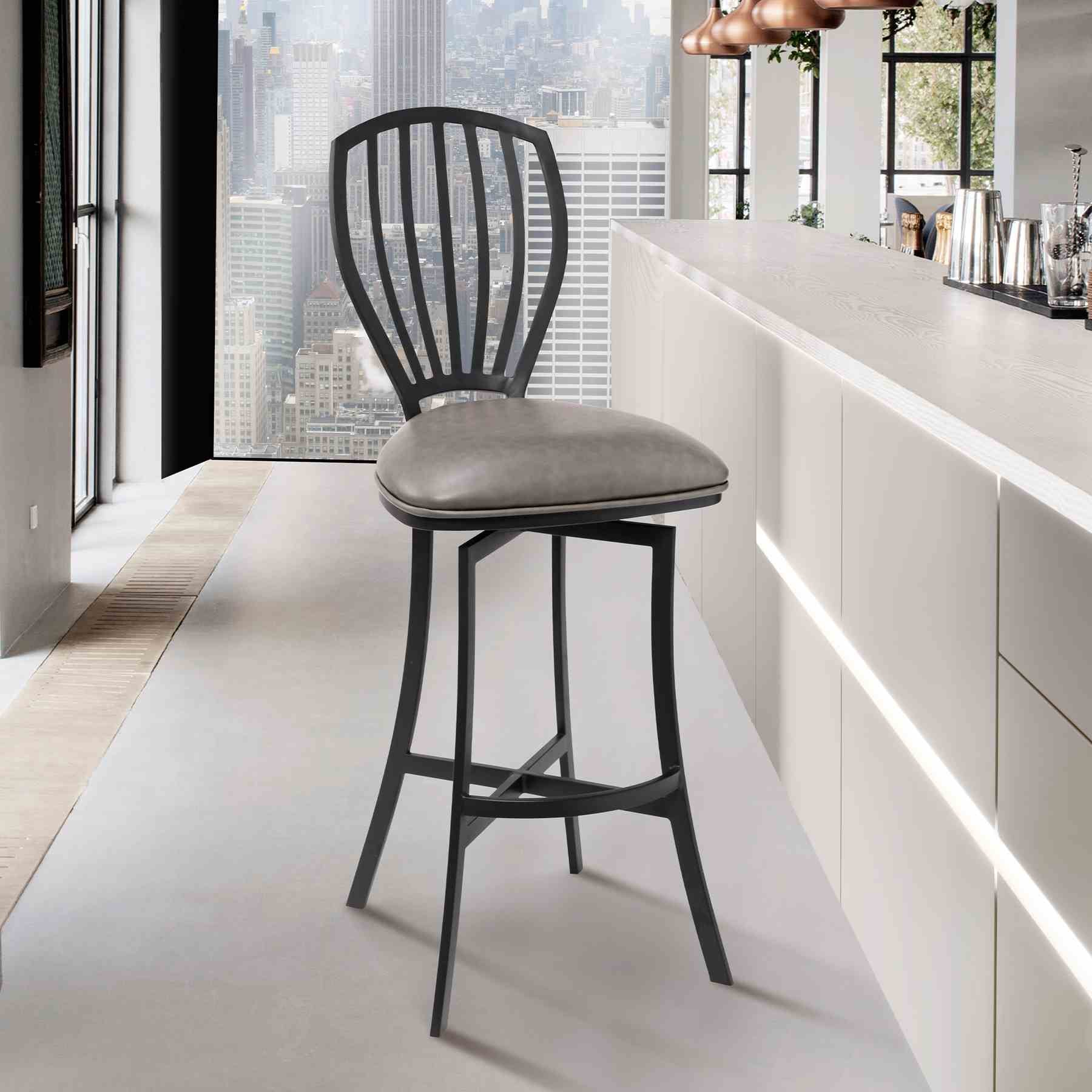 Sandy Contemporary 26" Counter Height Barstool in Matte Black Finish and Vintage Gray Faux Leather - Image 6