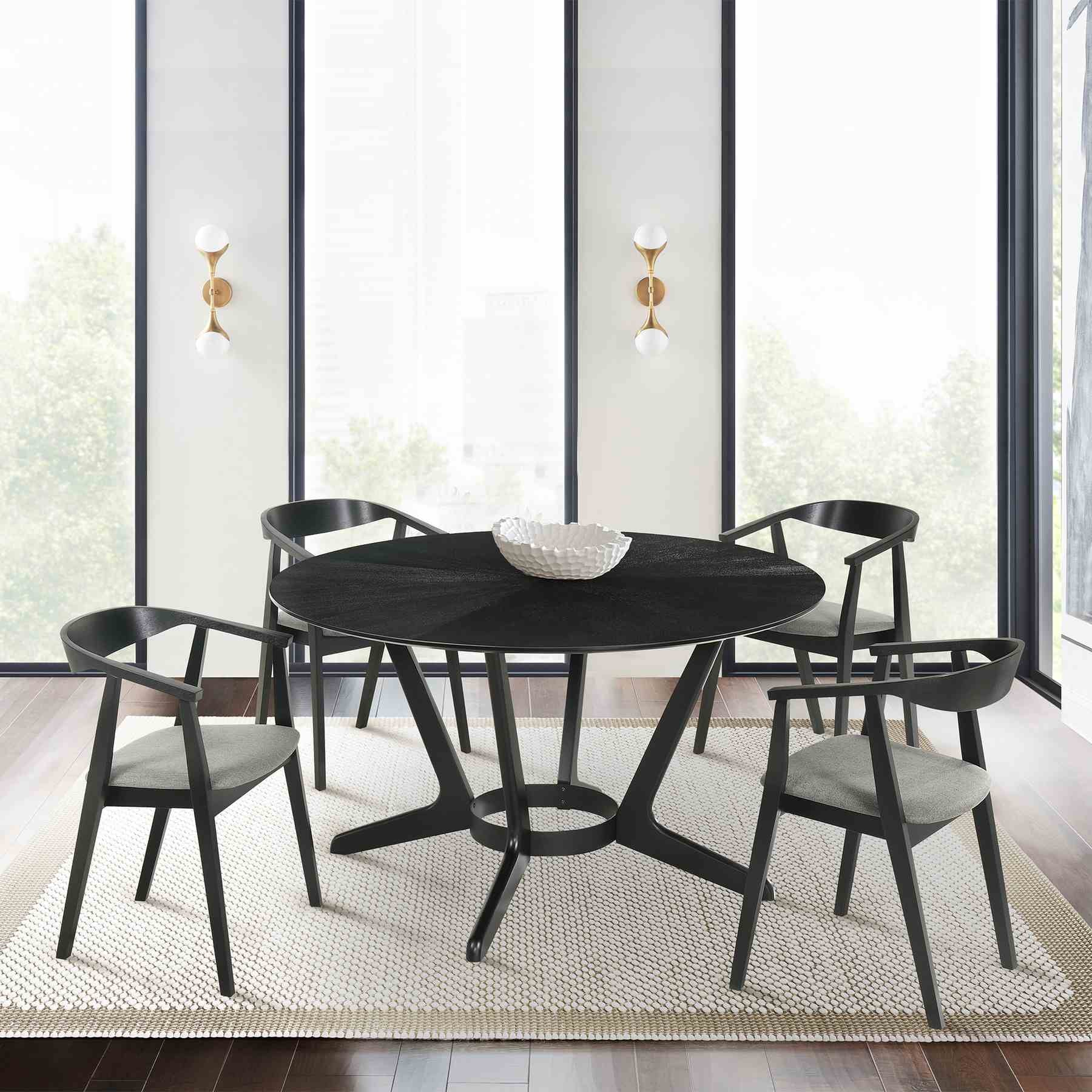 Santana 5 Piece Round Black Wood Dining Table Set with Charcoal Fabric - Image 11