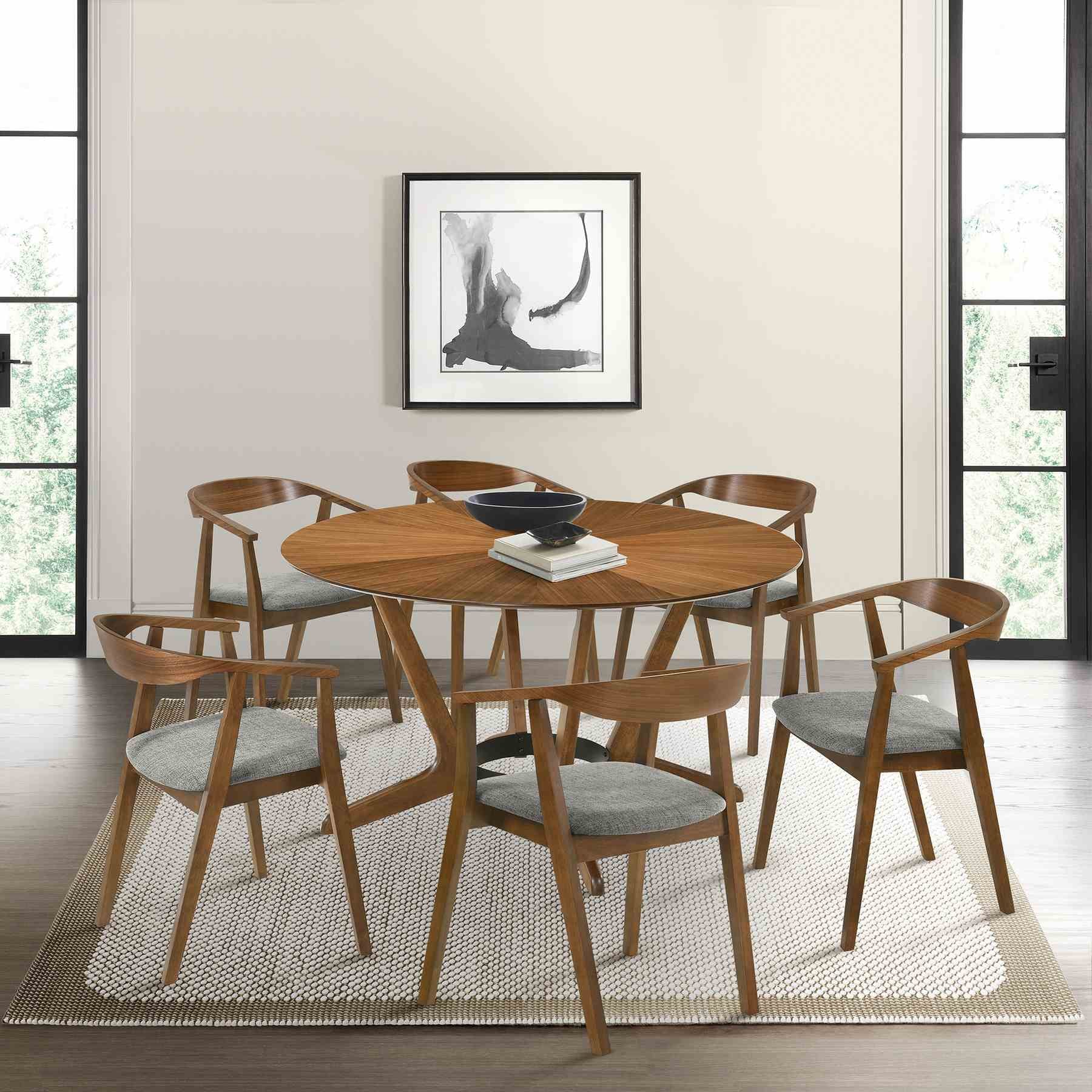 Santana 7 Piece Round Walnut Wood Dining Table Set with Charcoal Fabric - Image 11