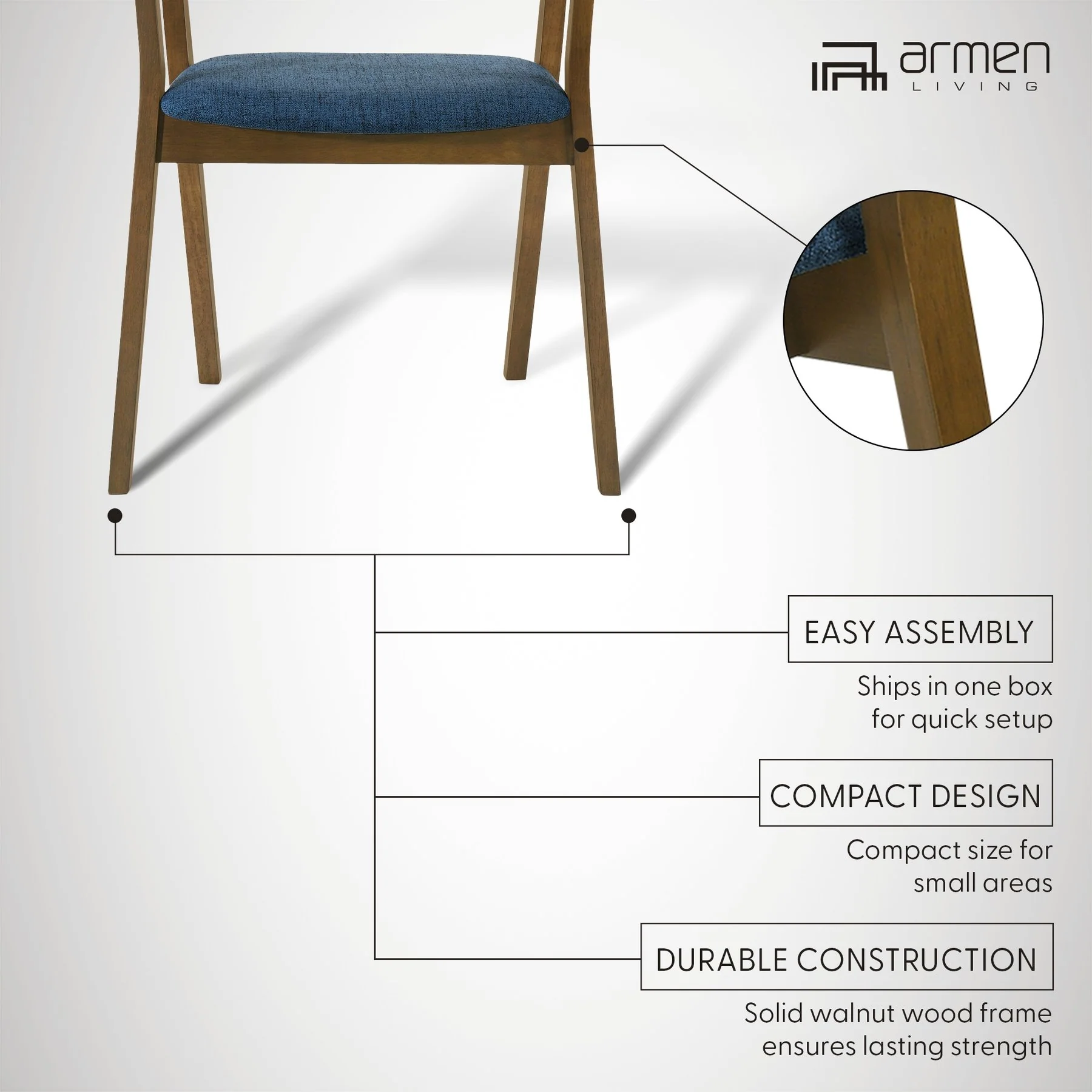 Santana Wood Dining Chair in Walnut Finish with Blue Fabric - Set of 2 - Image 11