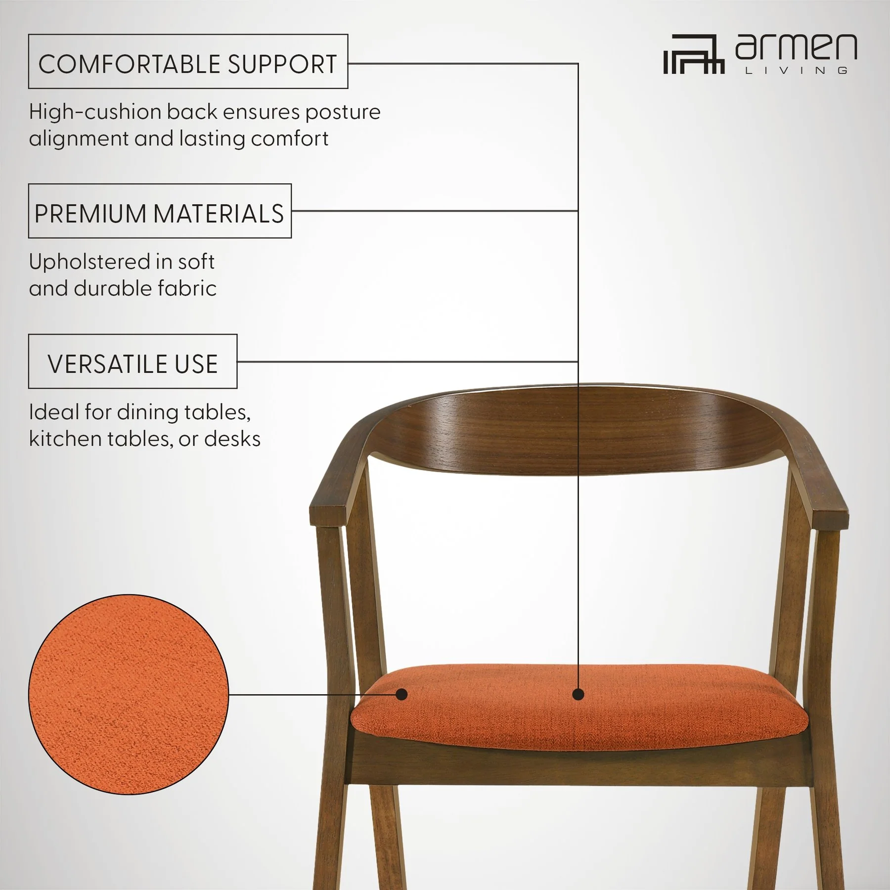 Santana Wood Dining Chair in Walnut Finish with Orange Fabric - Set of 2 - Image 10