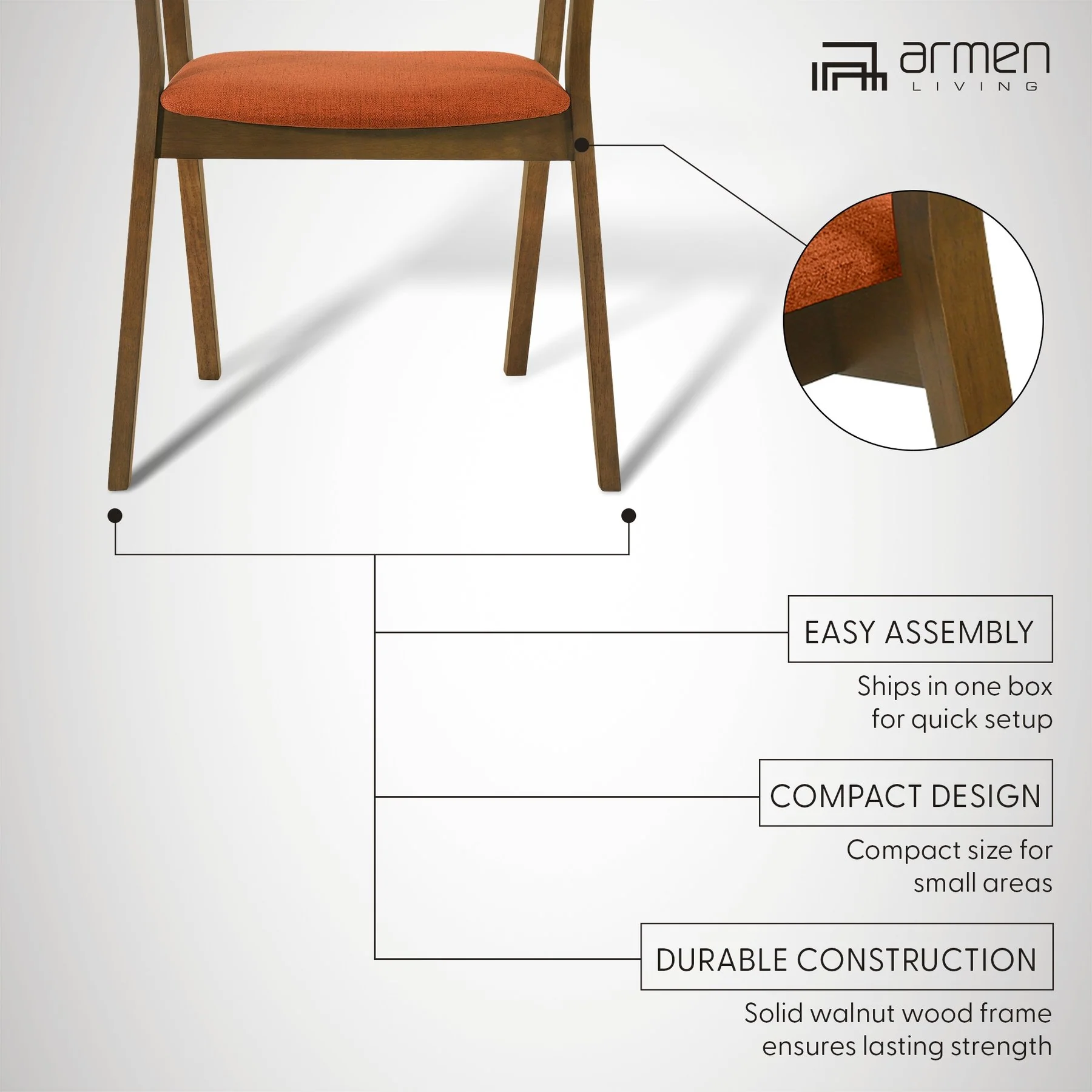 Santana Wood Dining Chair in Walnut Finish with Orange Fabric - Set of 2 - Image 11