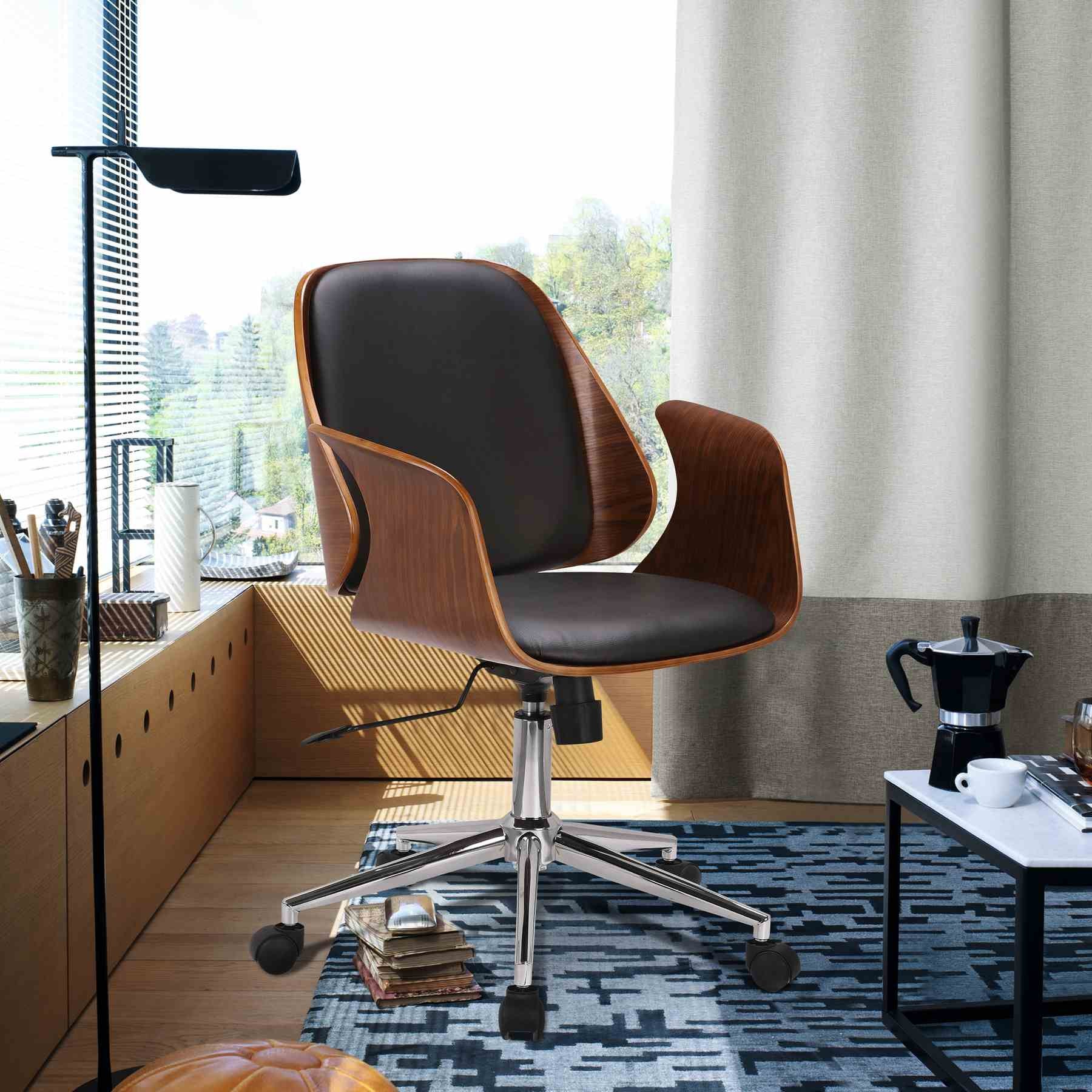 Santiago Mid-Century Office Chair in Black Faux Leather with Walnut Wood Finish - Image 7