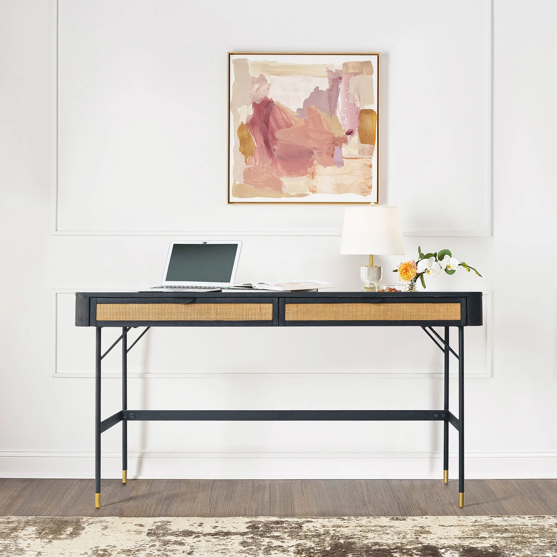 Saratoga 2 Drawer Desk in Black Acacia with Rattan - Image 7