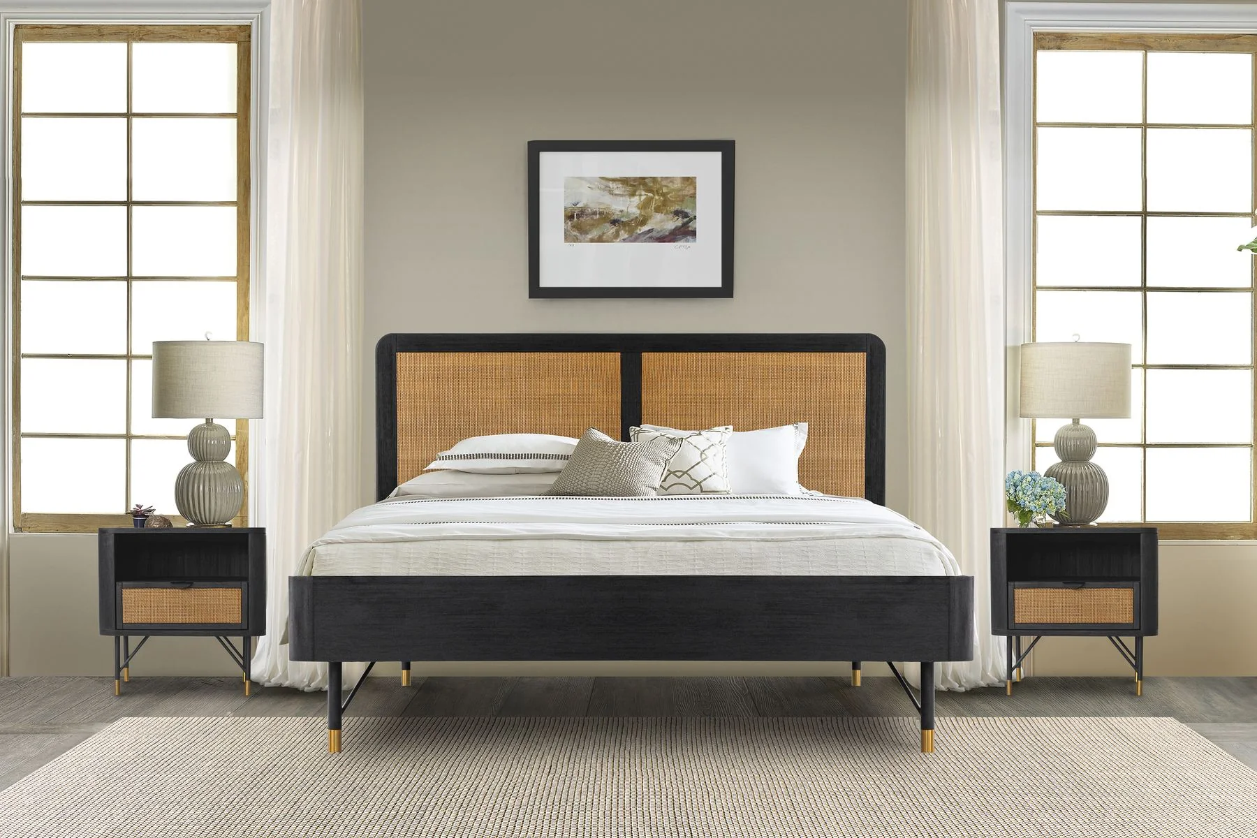 Saratoga 3 Piece King Bedroom Set in Black Acacia Wood and Rattan - Image 10