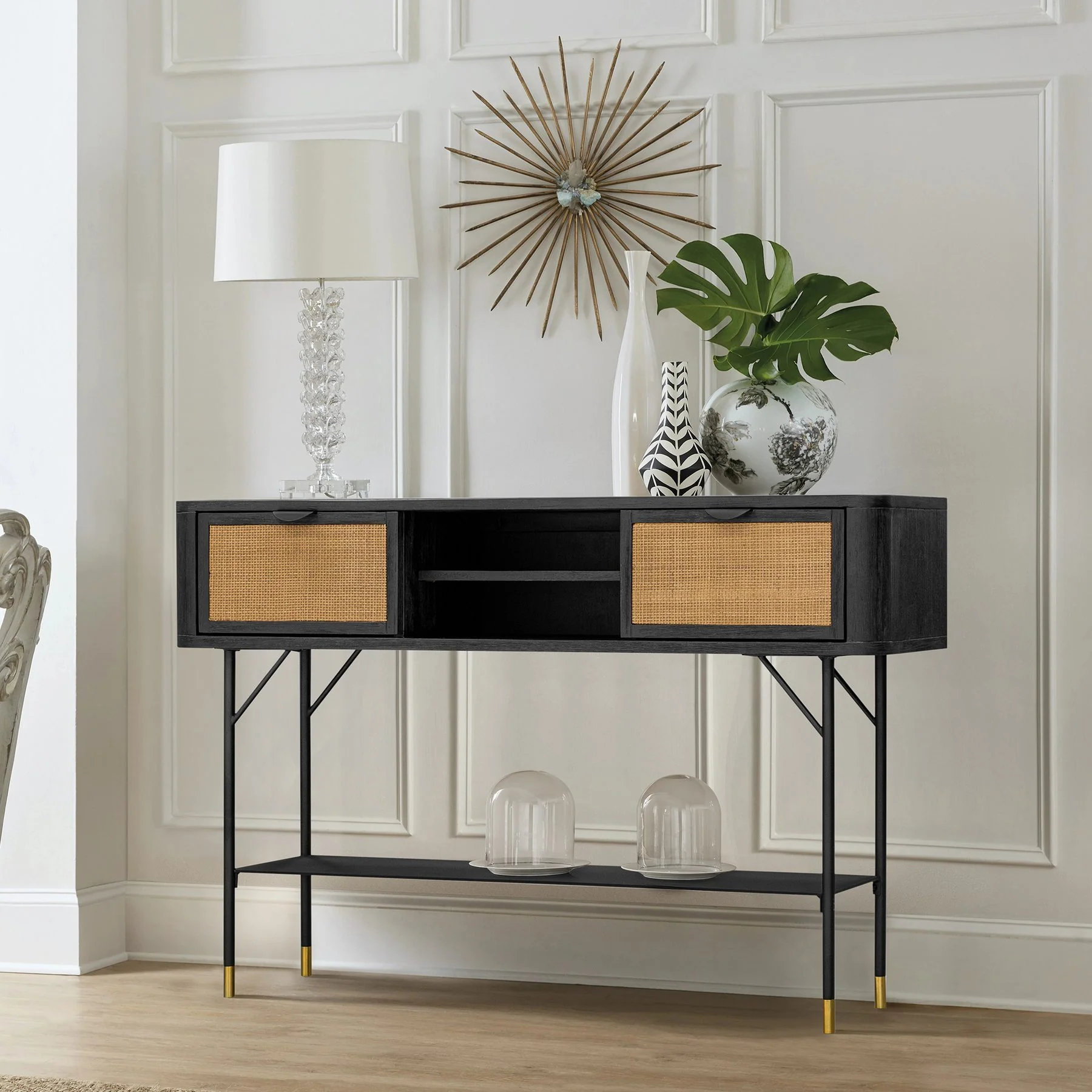 Saratoga Console Table in Black Acacia with Rattan - Image 7