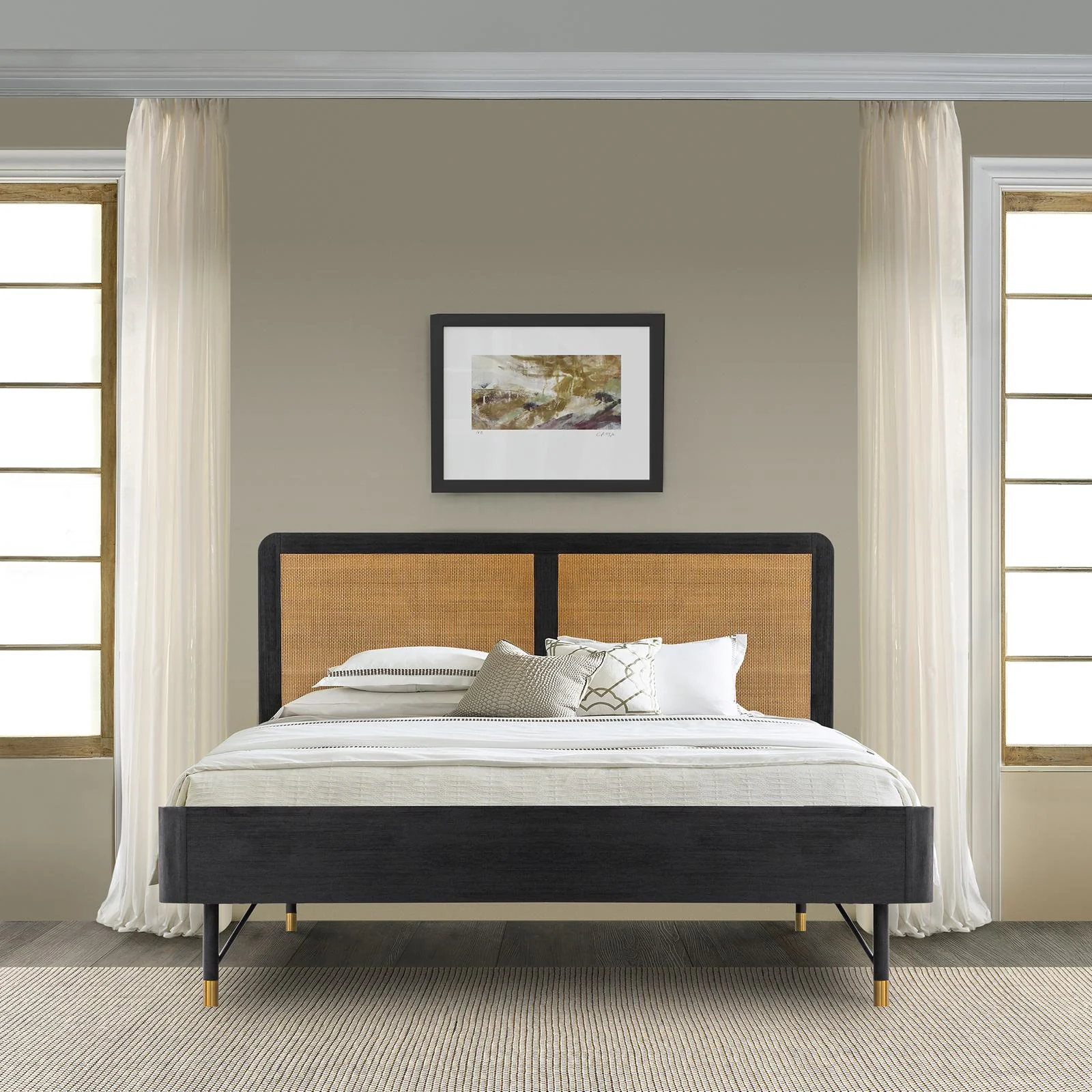 Saratoga King Platform Frame Bed in Black Acacia with Rattan Headboard - Image 7