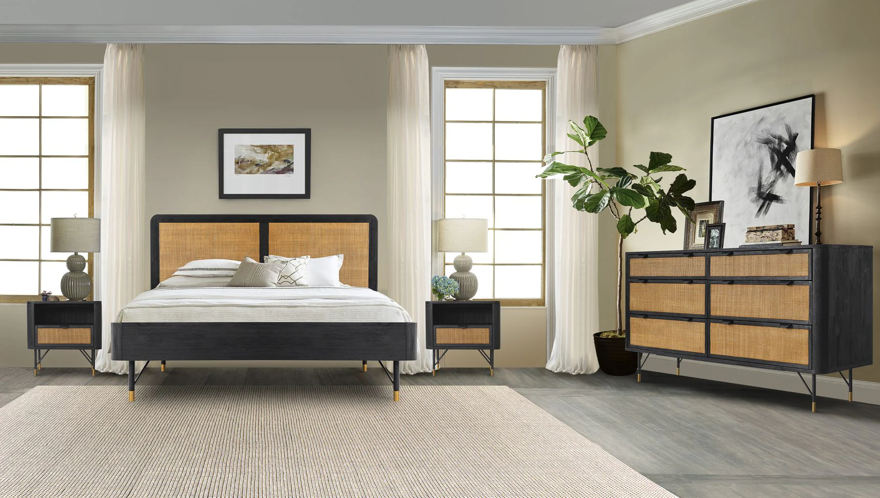 Saratoga King Platform Frame Bed in Black Acacia with Rattan Headboard - Image 8