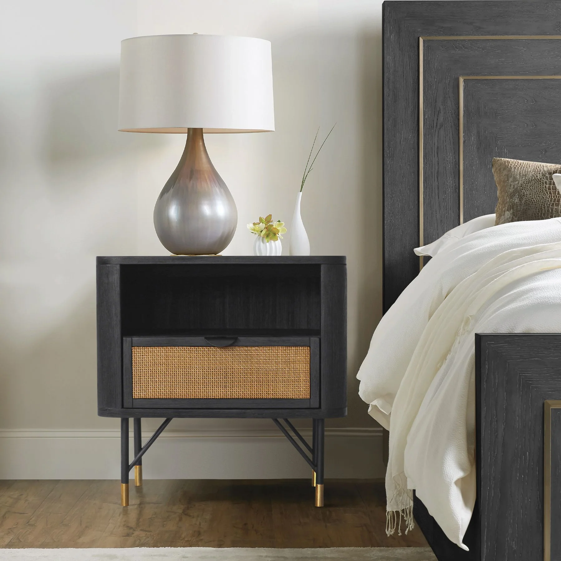 Saratoga Nightstand in Black Acacia with Rattan - Image 6