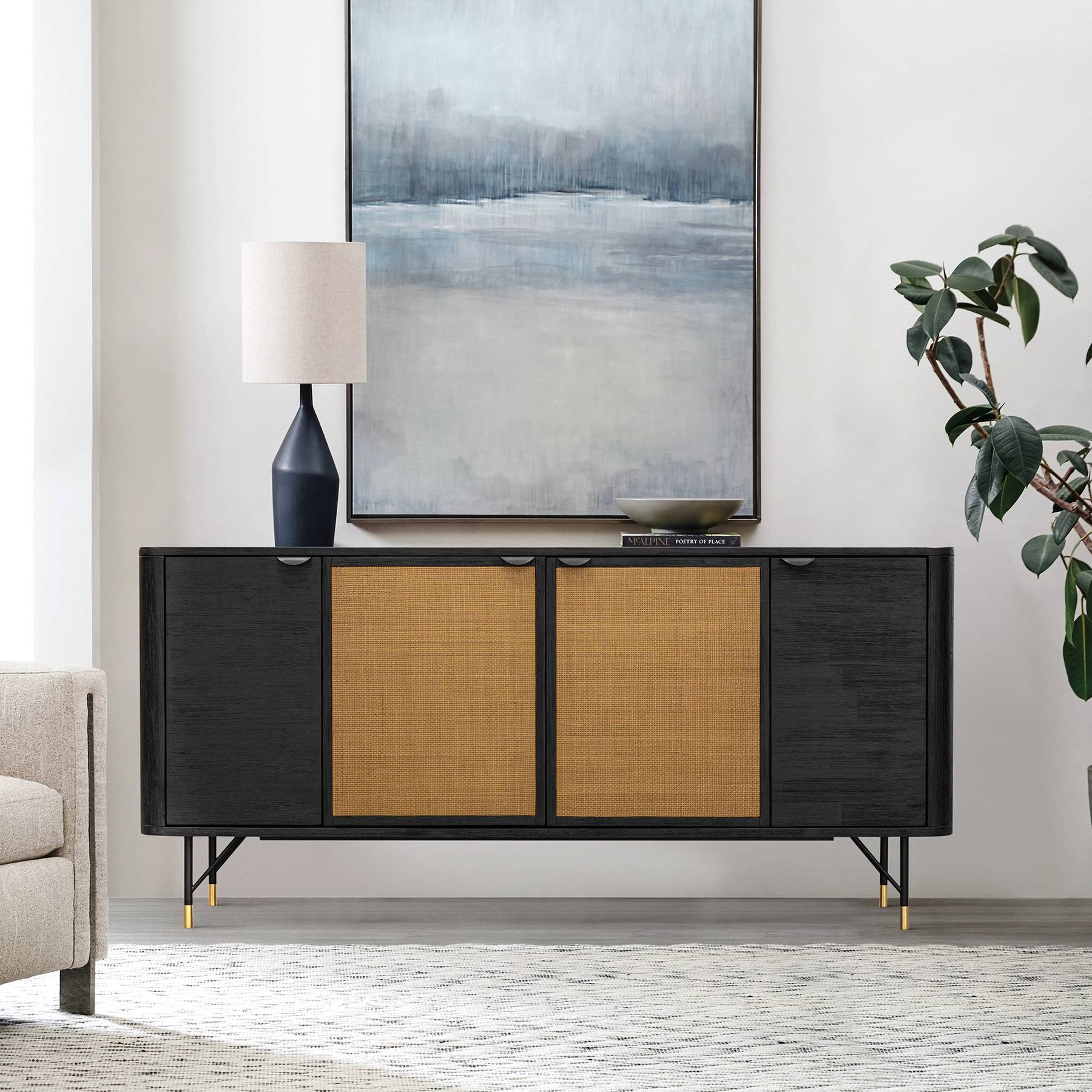 Saratoga Sideboard Buffet in Black Acacia with Rattan - Image 7