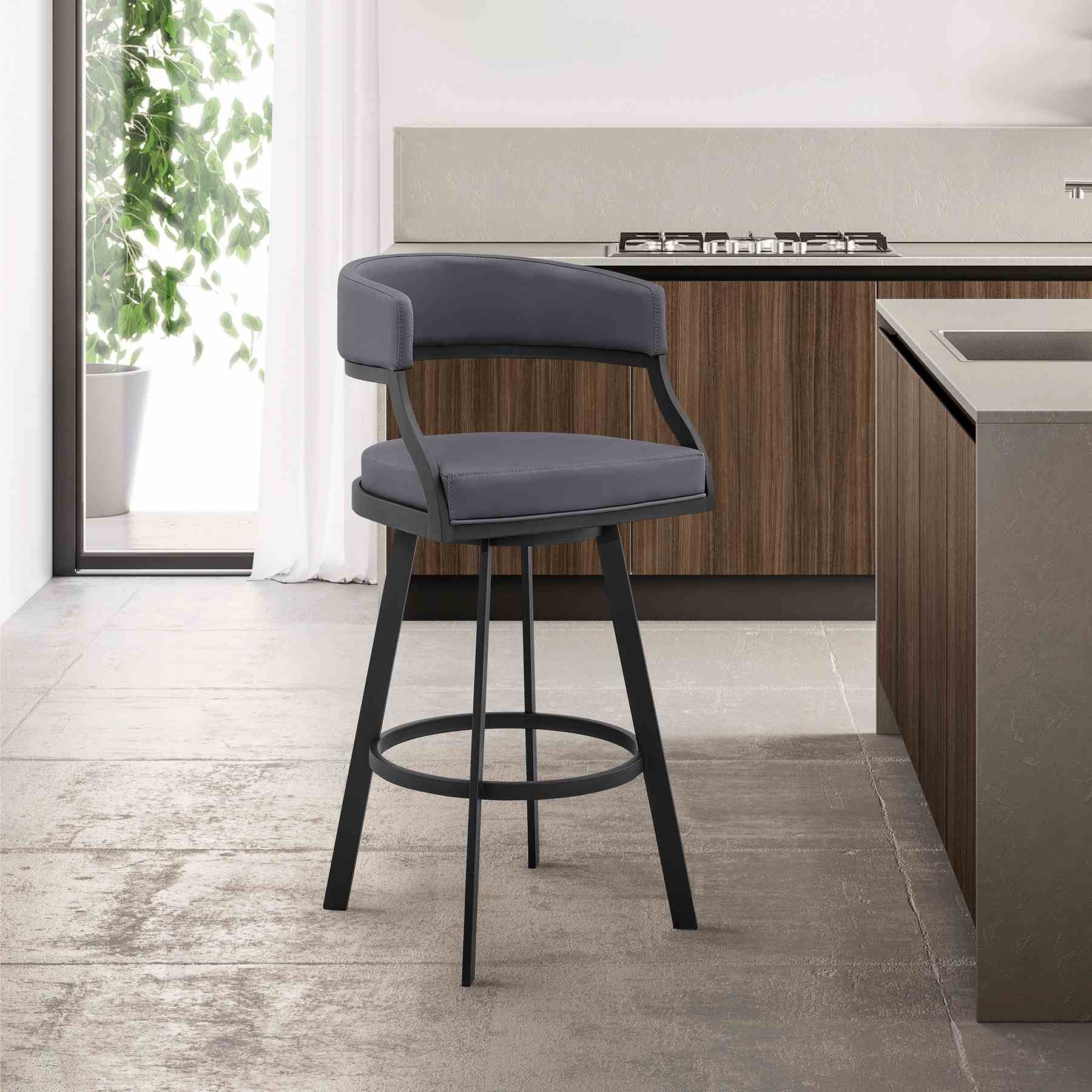 Saturn 26" Counter Height Swivel Gray Faux Leather and Black Metal Bar Stool - Image 12