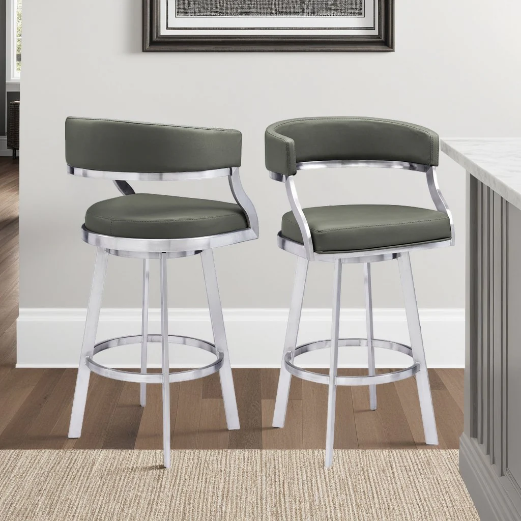 Saturn 26" Counter Height Swivel Gray Faux Leather and Brushed Stainless Steel Bar Stool - Image 8