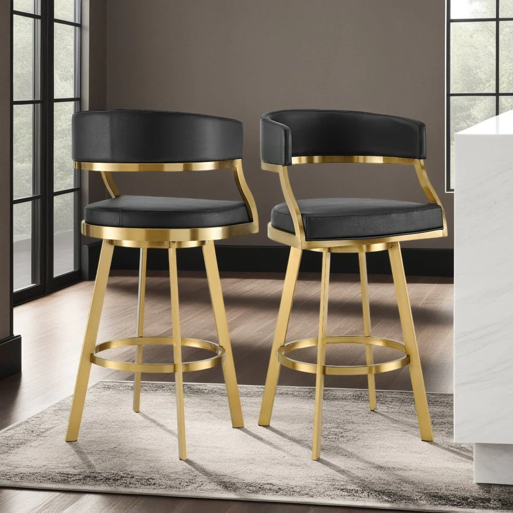 Saturn 26" Swivel Counter Stool with Gold Brushed Stainless Steel and Black Faux Leather - Image 10