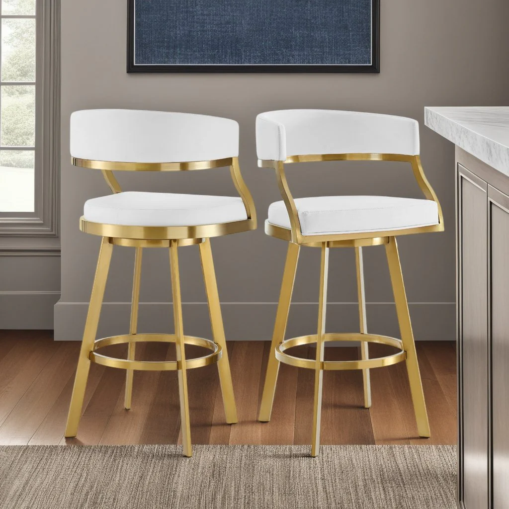 Saturn 26" Swivel Counter Stool with Gold Brushed Stainless Steel and White Faux Leather - Image 10