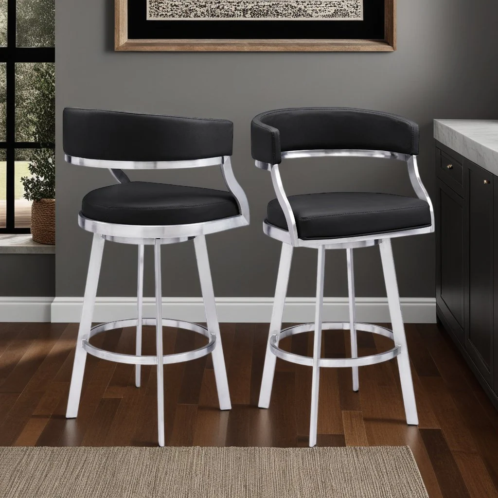 Saturn 30" Bar Height Swivel Black Faux Leather and Brushed Stainless Steel Bar Stool - Image 8
