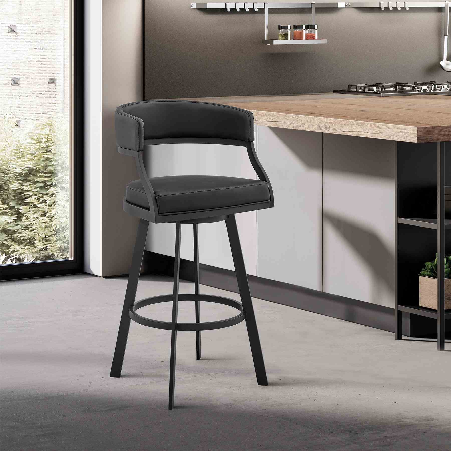 Saturn 30" Bar Height Swivel Black Faux Leather and Metal Bar Stool - Image 12