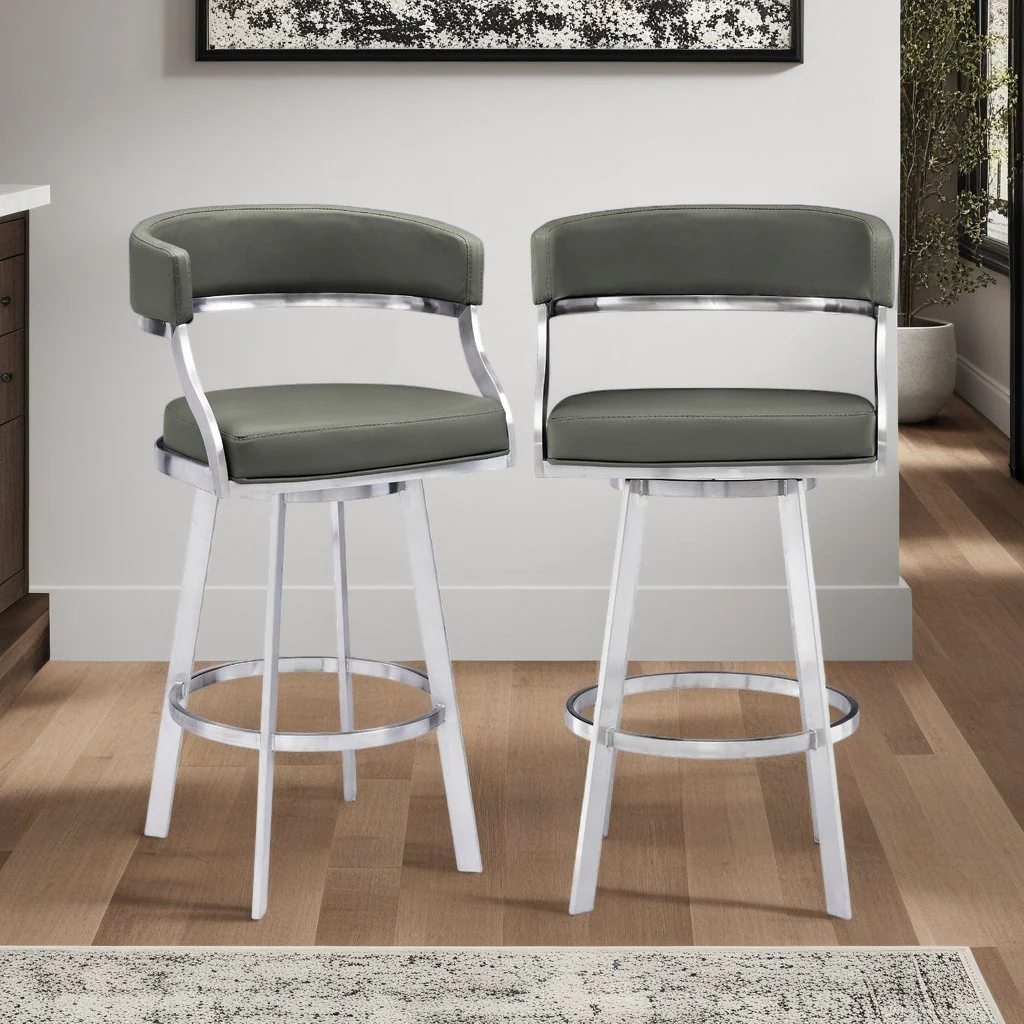 Saturn 30" Bar Height Swivel Gray Faux Leather and Brushed Stainless Steel Bar Stool - Image 8