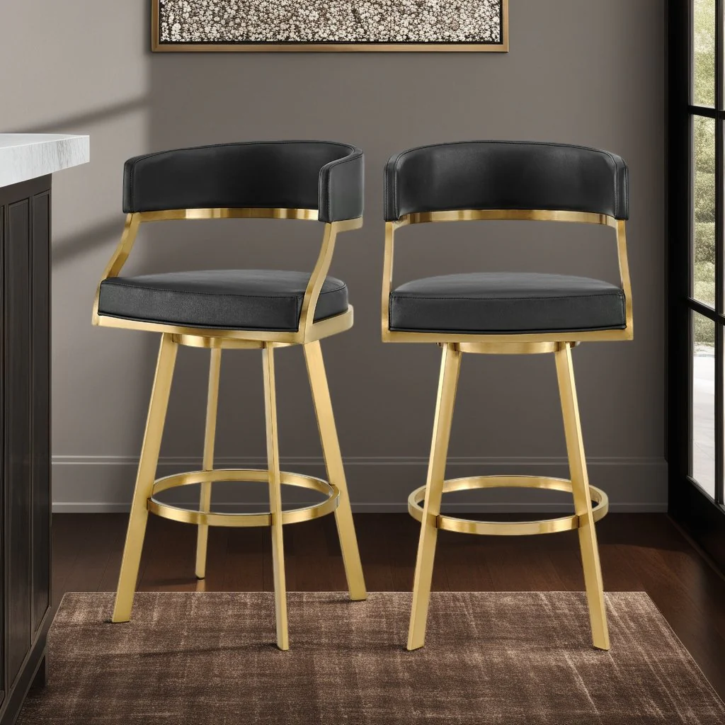 Saturn 30" Swivel Bar Stool with Gold Brushed Stainless Steel and Black Faux Leather - Image 10