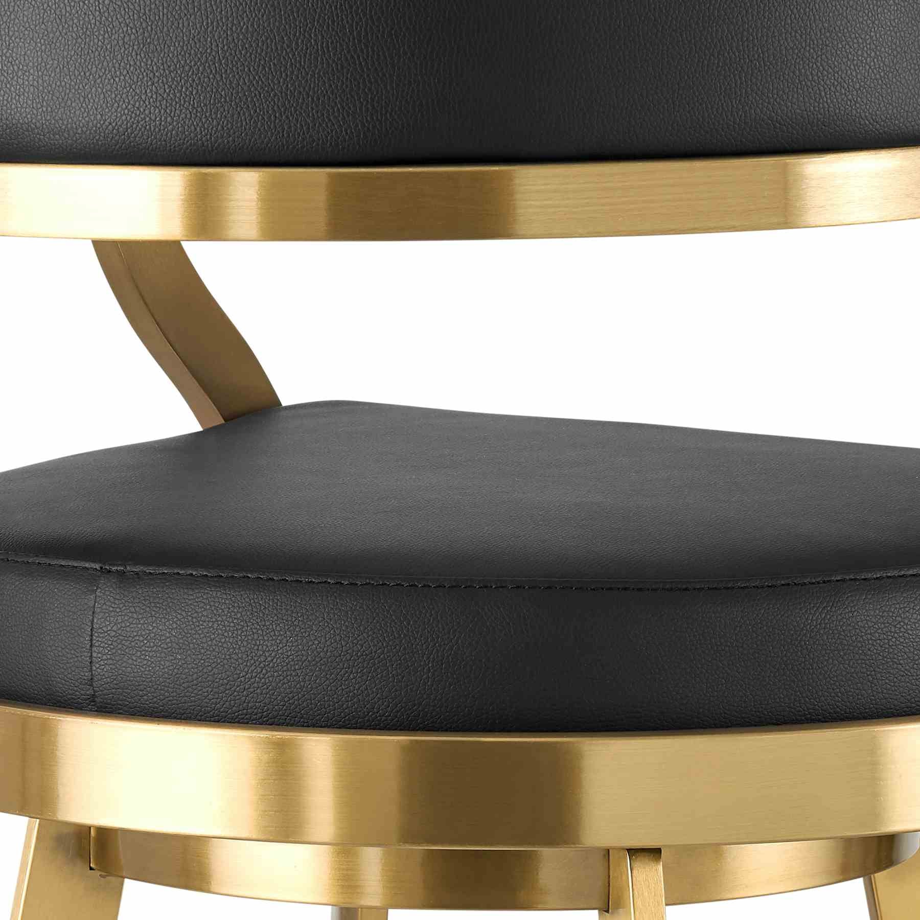 Saturn 30" Swivel Bar Stool with Gold Brushed Stainless Steel and Black Faux Leather - Image 7
