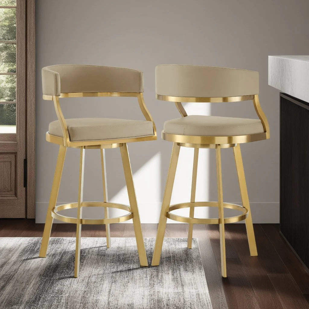 Saturn 30" Swivel Bar Stool with Gold Brushed Stainless Steel and Light Sand Faux Leather - Image 10