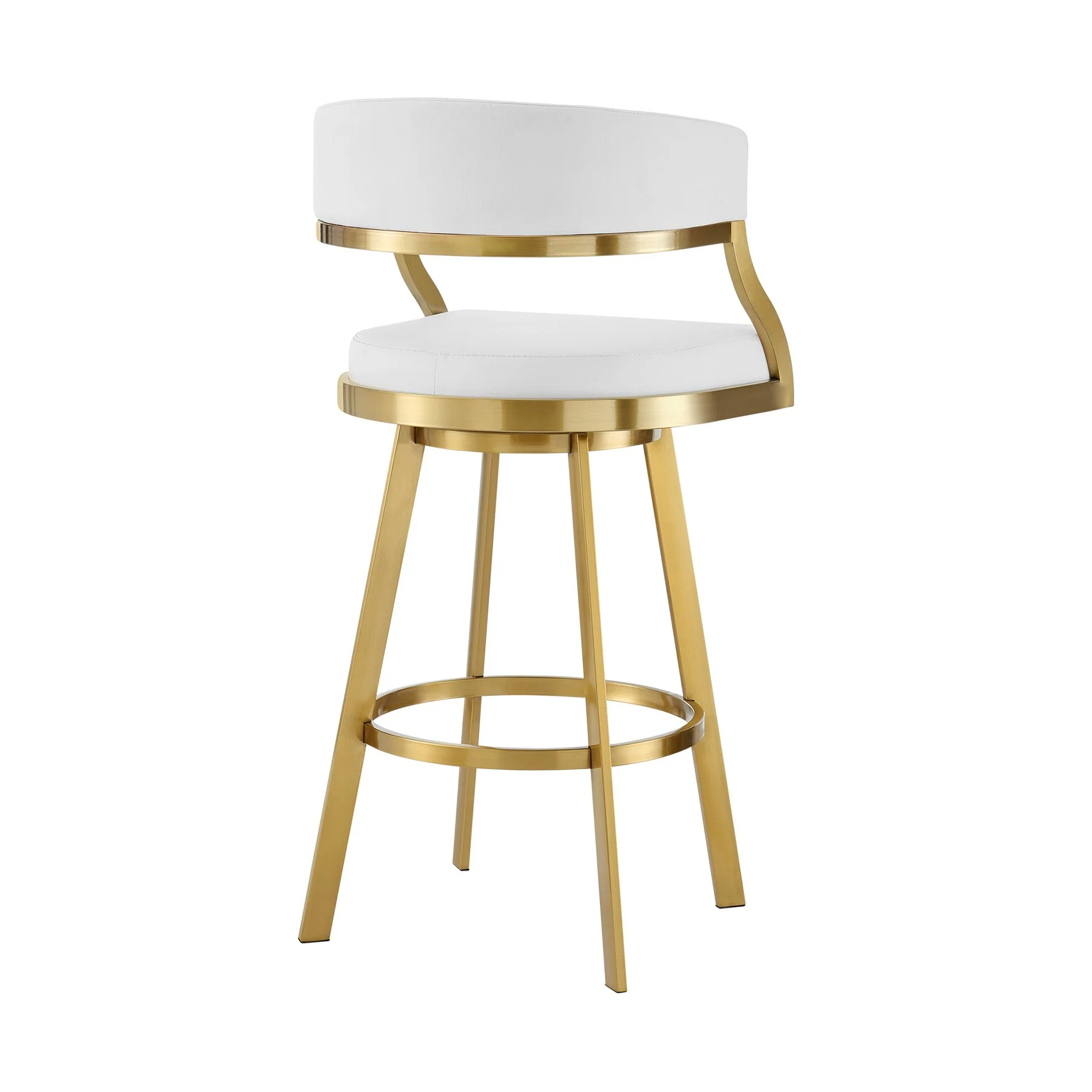 Saturn 30" Swivel Bar Stool with Gold Brushed Stainless Steel and White Faux Leather - Image 3