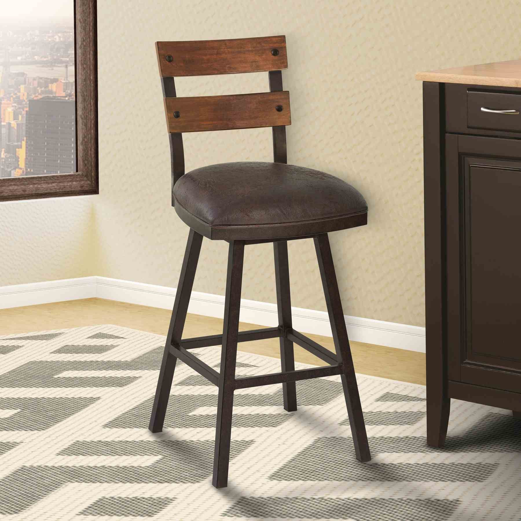 Saugus 26" Counter Height Metal Swivel Barstool in Bandero Espresso Fabric and Auburn Bay Finish with Walnut Wood Back - Image 7