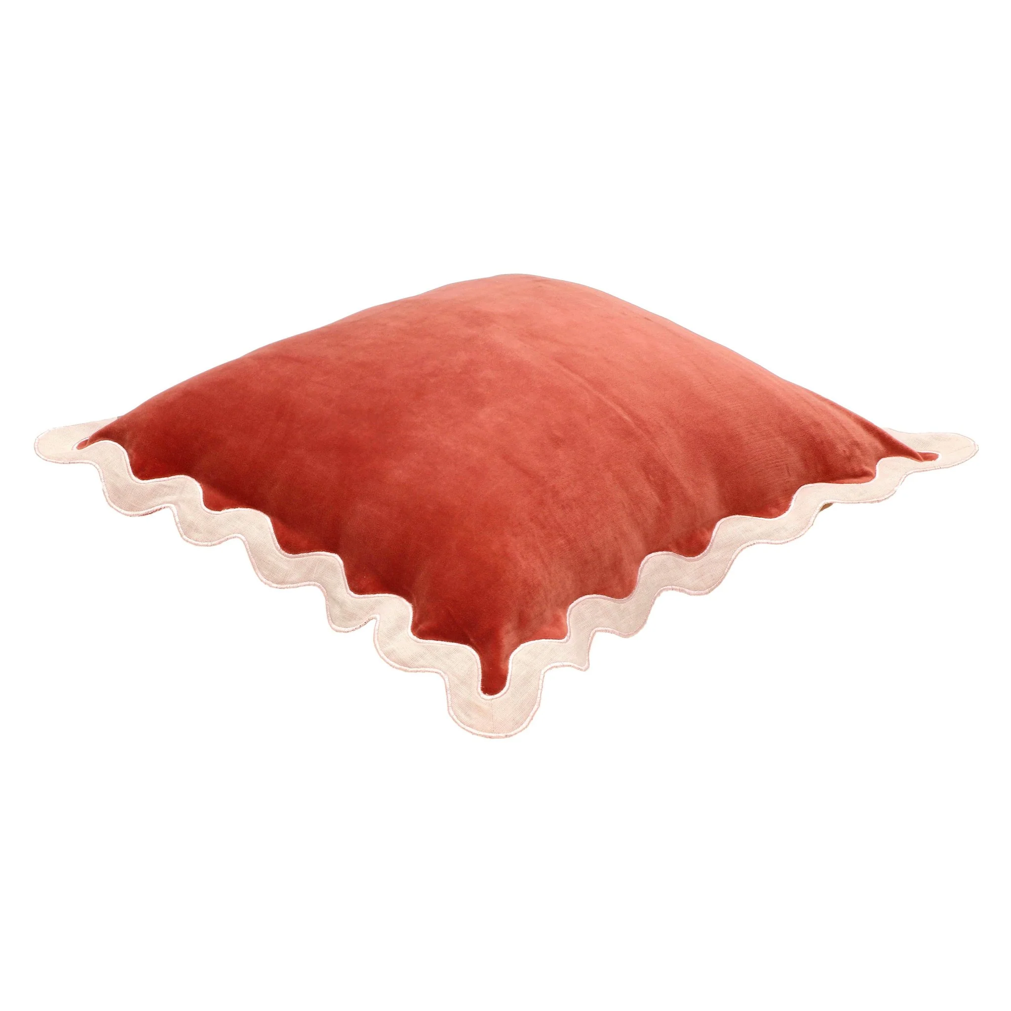 Scalloped Edge Cream and Rust Cotton Velvet Throw Pillow - Image 8