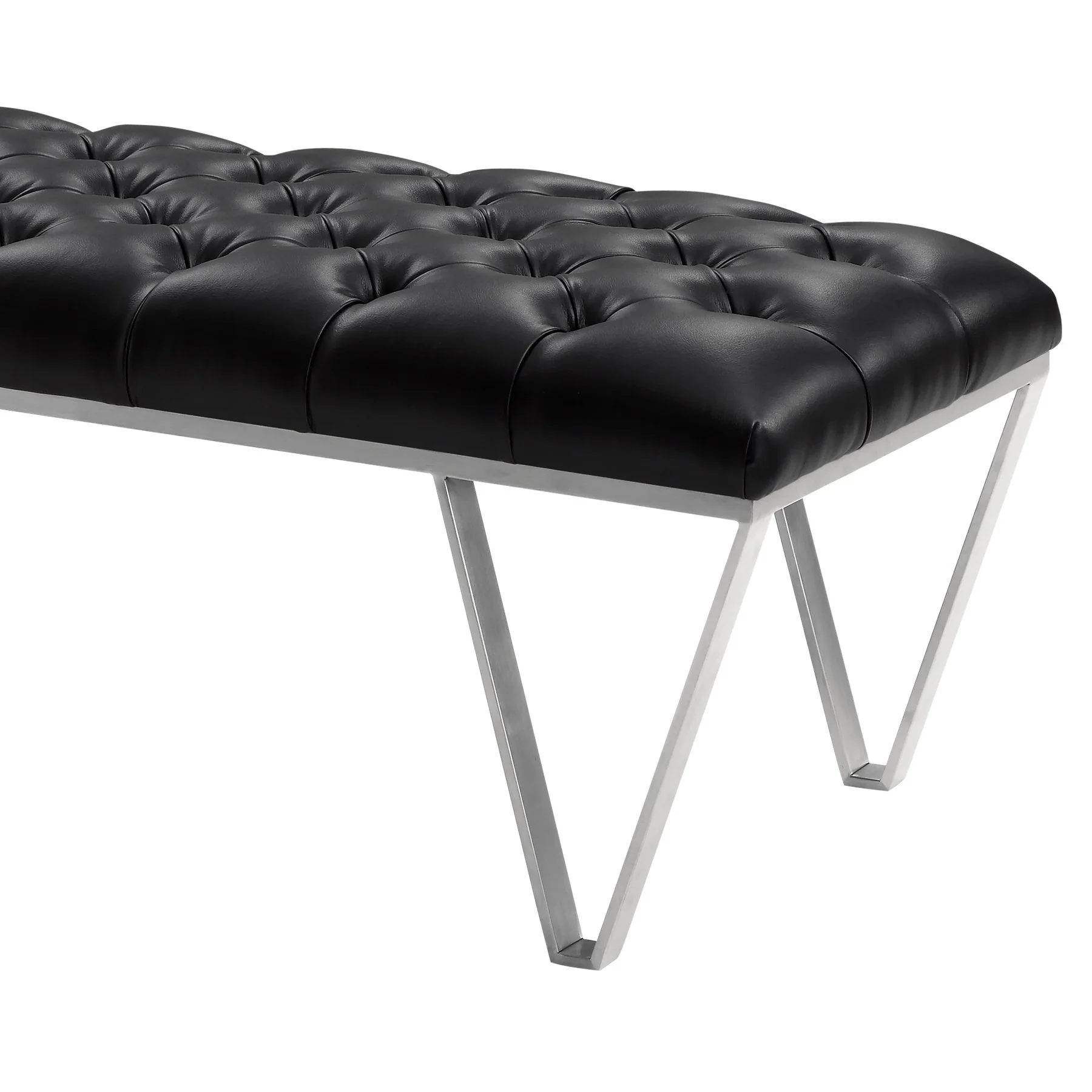 Serene Contemporary Tufted Bench in Brushed Stainless Steel with Black Faux Leather - Image 2