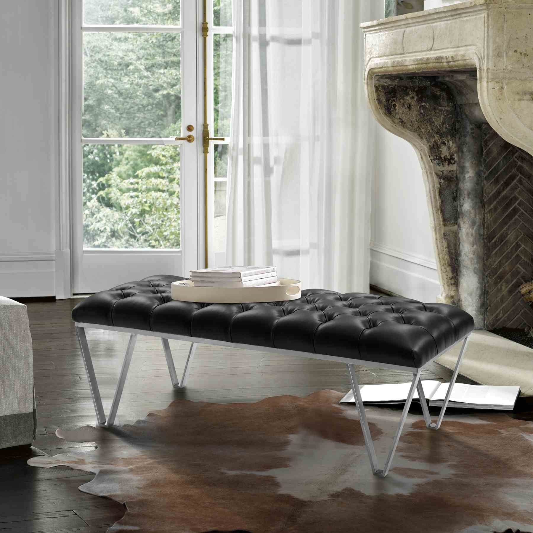 Serene Contemporary Tufted Bench in Brushed Stainless Steel with Black Faux Leather - Image 3