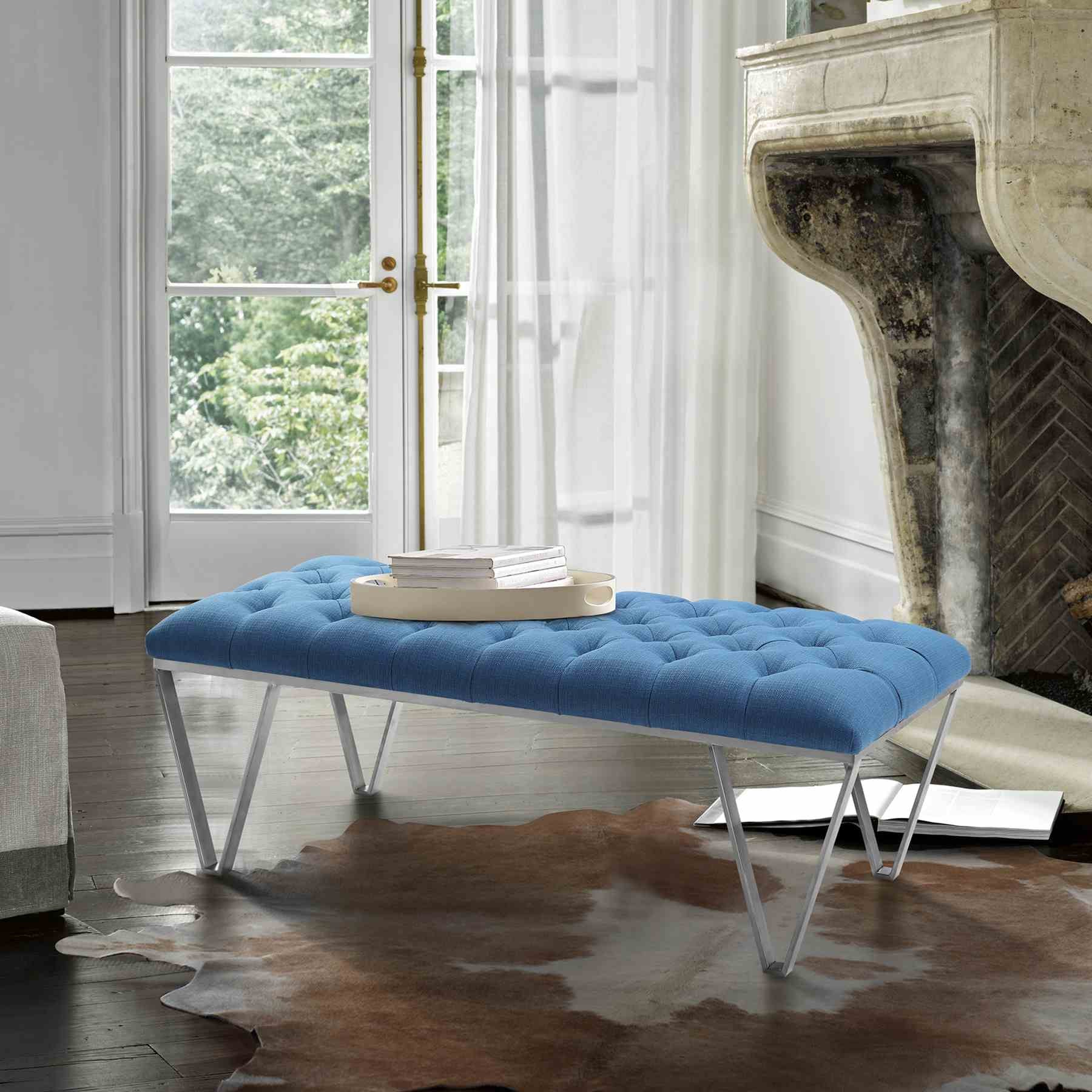 Serene Contemporary Tufted Bench in Brushed Stainless Steel with Blue Fabric - Image 3