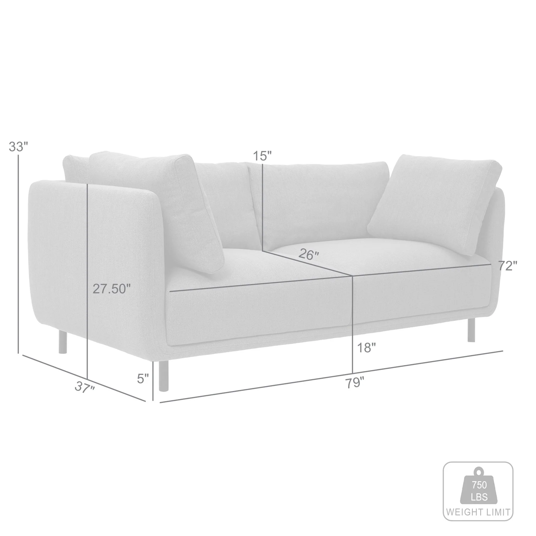 Serenity 79" Gray Fabric Sofa with Black Metal Legs - Image 8
